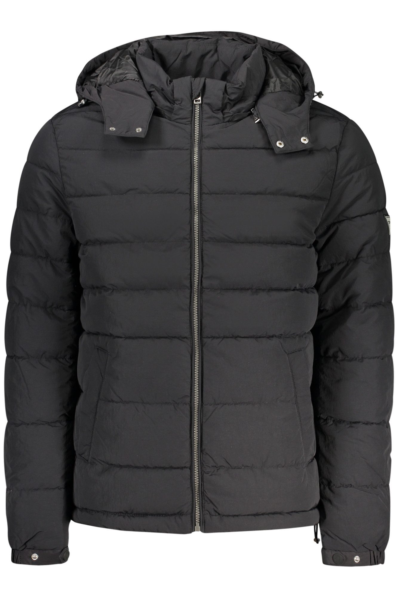 GUESS JEANS Outdoorjacke Stylische schwarze Herrenjacke: wetterfest, Kapuze, recycelte Faser