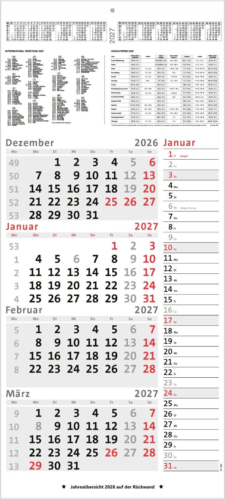 Anschütz Wandkalender 4-Monatskalender Kombi mit Notizstreifen 2027