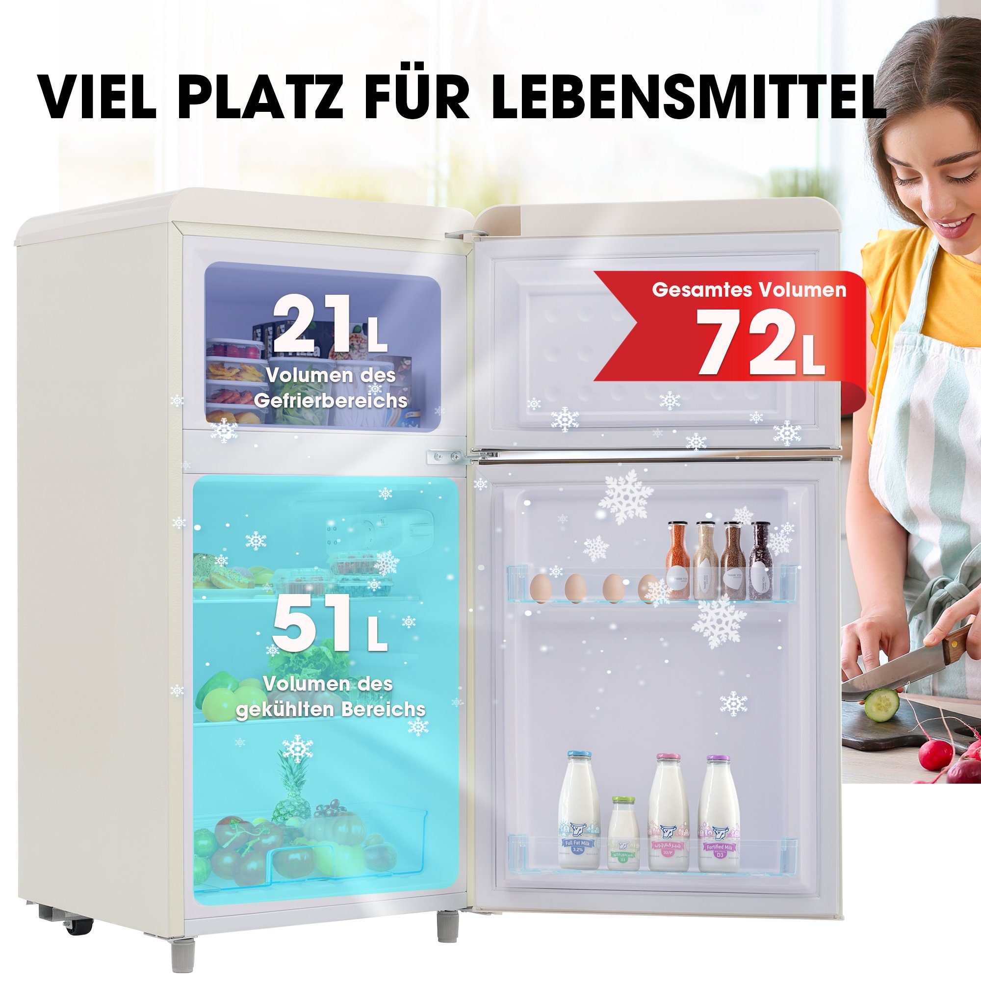 Merax Table Top Kühlschrank Retro Kühl-/Gefrierkombination BCD-100C, 89 cm hoch, 45 cm breit, 72 Liter, Metall Türgriff, verstellebare Ablage und Füße