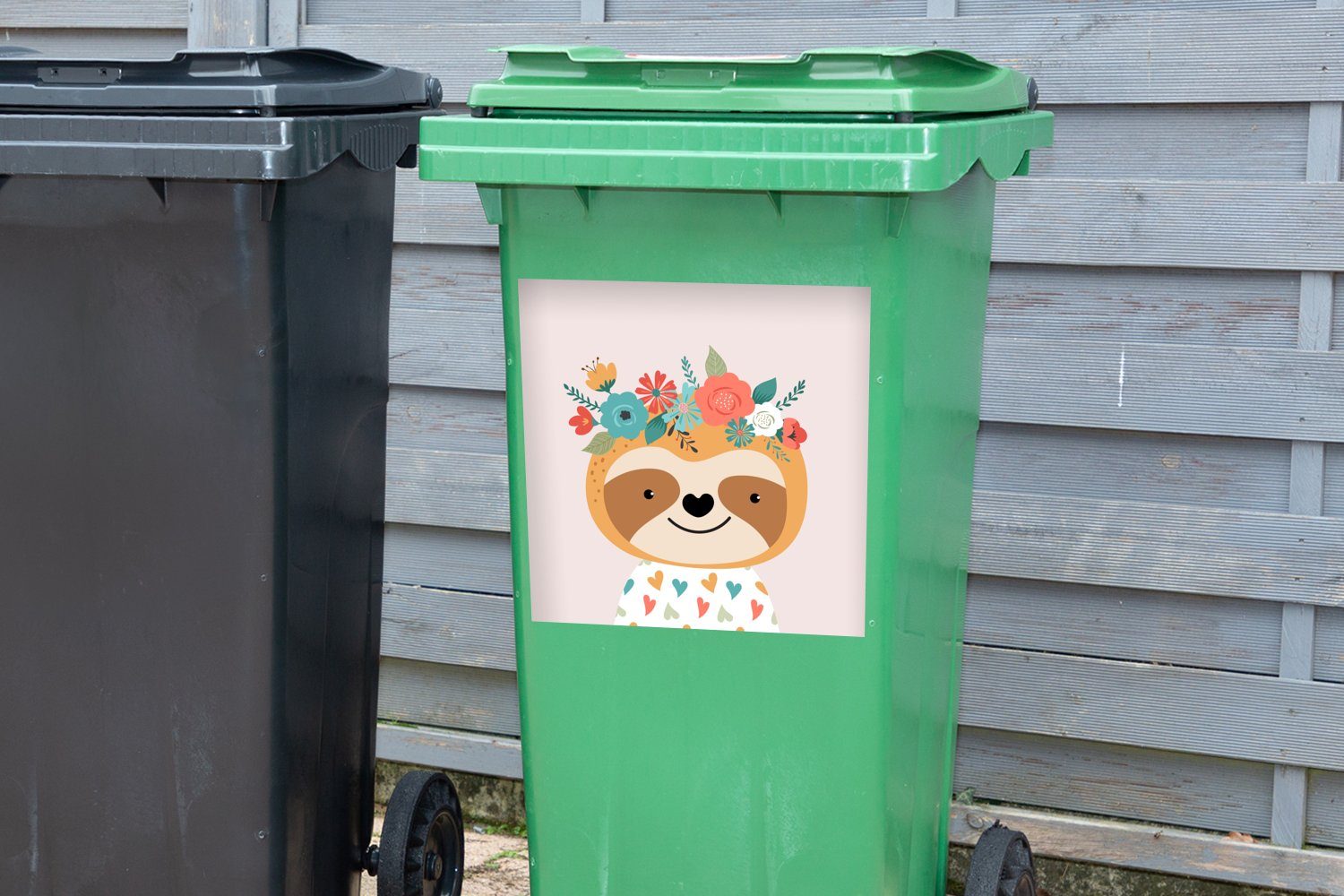 MuchoWow Wandsticker Faultier - Sticker, Mülltonne, Abfalbehälter St), (1 Mülleimer-aufkleber, - Container, Pastell Blumen