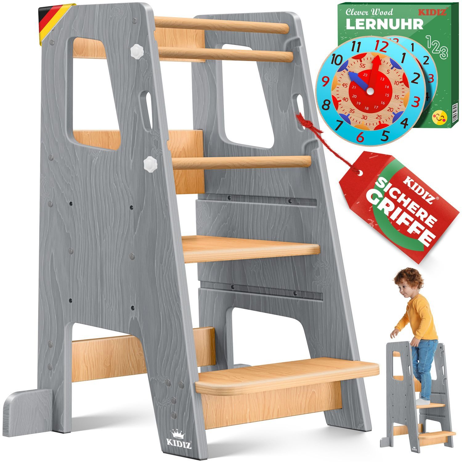 KIDIZ Stehhilfe Montessori Lernturm aus Kiefernholz ab 1 Jahr & bis 50 kg belastbar (Tritthocker inklusive Lernuhr & abnehmbarer Anti-Kipp-Schutz), 3-stufig Höhenverstellbar, spielerisch motorische Fähigkeiten fördern