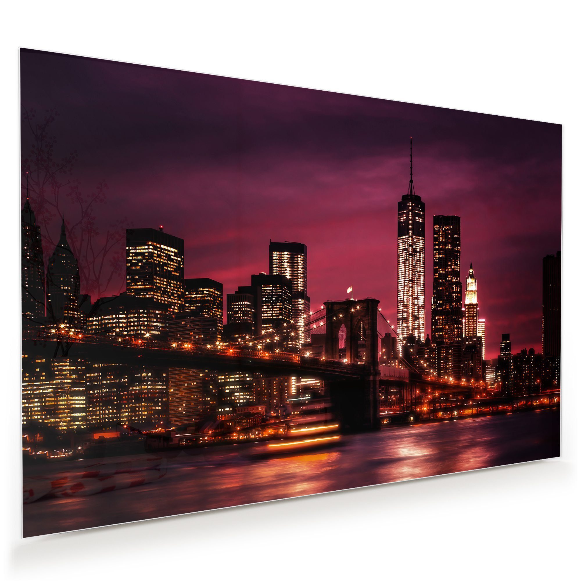 Primedeco Glasbild Wandbild Brooklyn Bridge Lichter mit Aufhängung