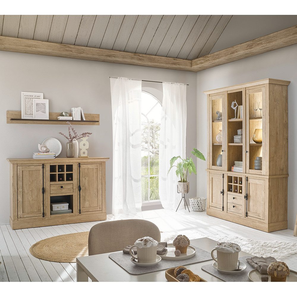 Lomadox Esszimmer-Set COLBY-61, (Spar-Set, 3-St., Buffetschrank Sideboard Wandregal), in Eiche mit Beleuchtung, Landhausstil mit schwarzen Griffen
