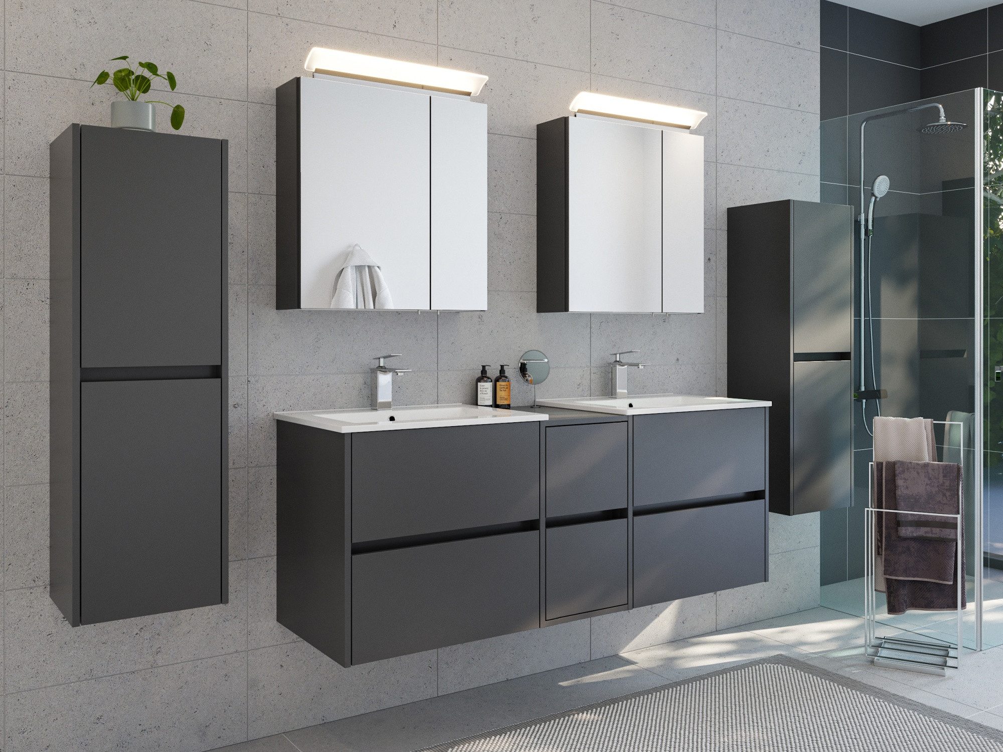 Magnolia Home Waschtisch Badmöbelset Taifun 150cm 5tlg mit 2x Spiegelschrank & 2x Seitenschrank