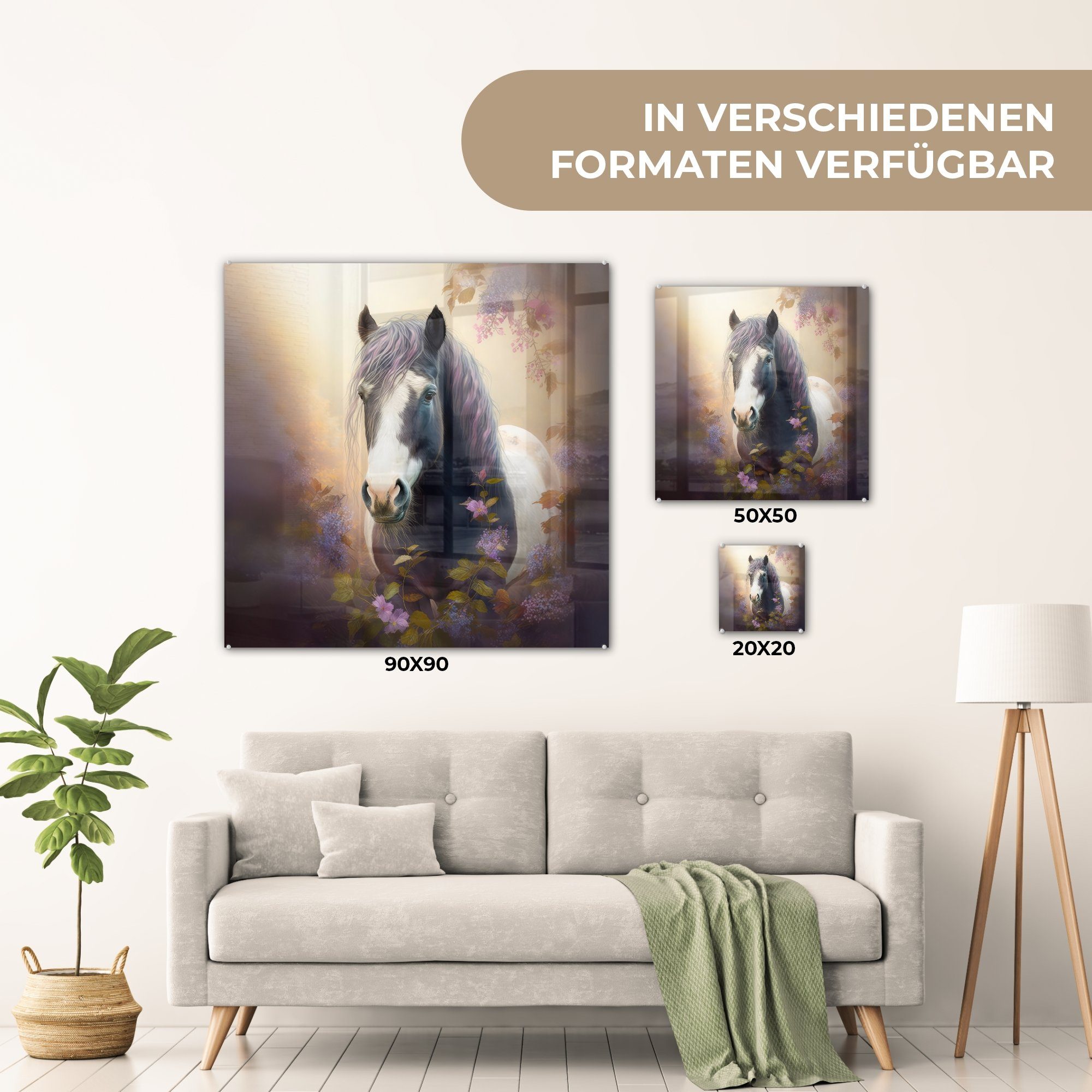 - - Wandbild - St), auf Natur Foto Wanddekoration Tiere Blumen Glas MuchoWow Glasbilder - auf Bilder - (1 - Acrylglasbild Pferd Glas Lila, -