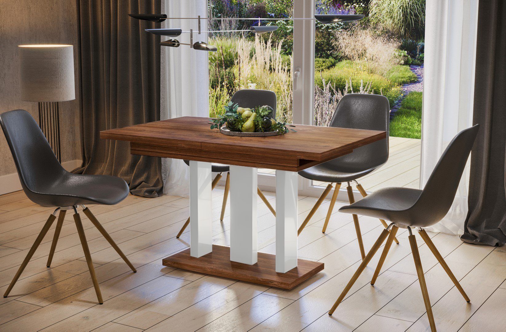 Säulentisch, Küchentisch, Beine, ausziehbar Endo-Moebel modern, Säulen-Esstisch White" Eiche Hochglanz "Appia 130-210cm Weiß erweiterbar, Stirling