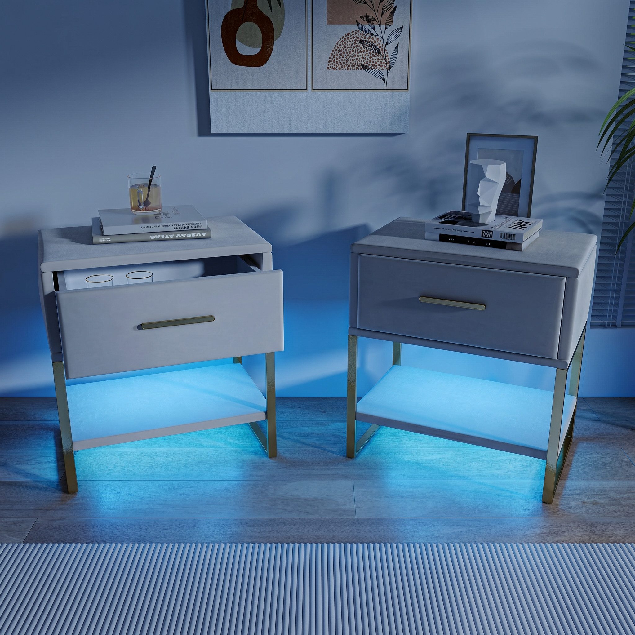Gdood Nachttisch LED Wohnzimmertisch Ablagetisch Schreibtisch (2-St, Perfekt für Wohnzimmer und Schlafzimmer), Beistelltisch mit LED-Beleuchtung Schubladen, Metallbeine