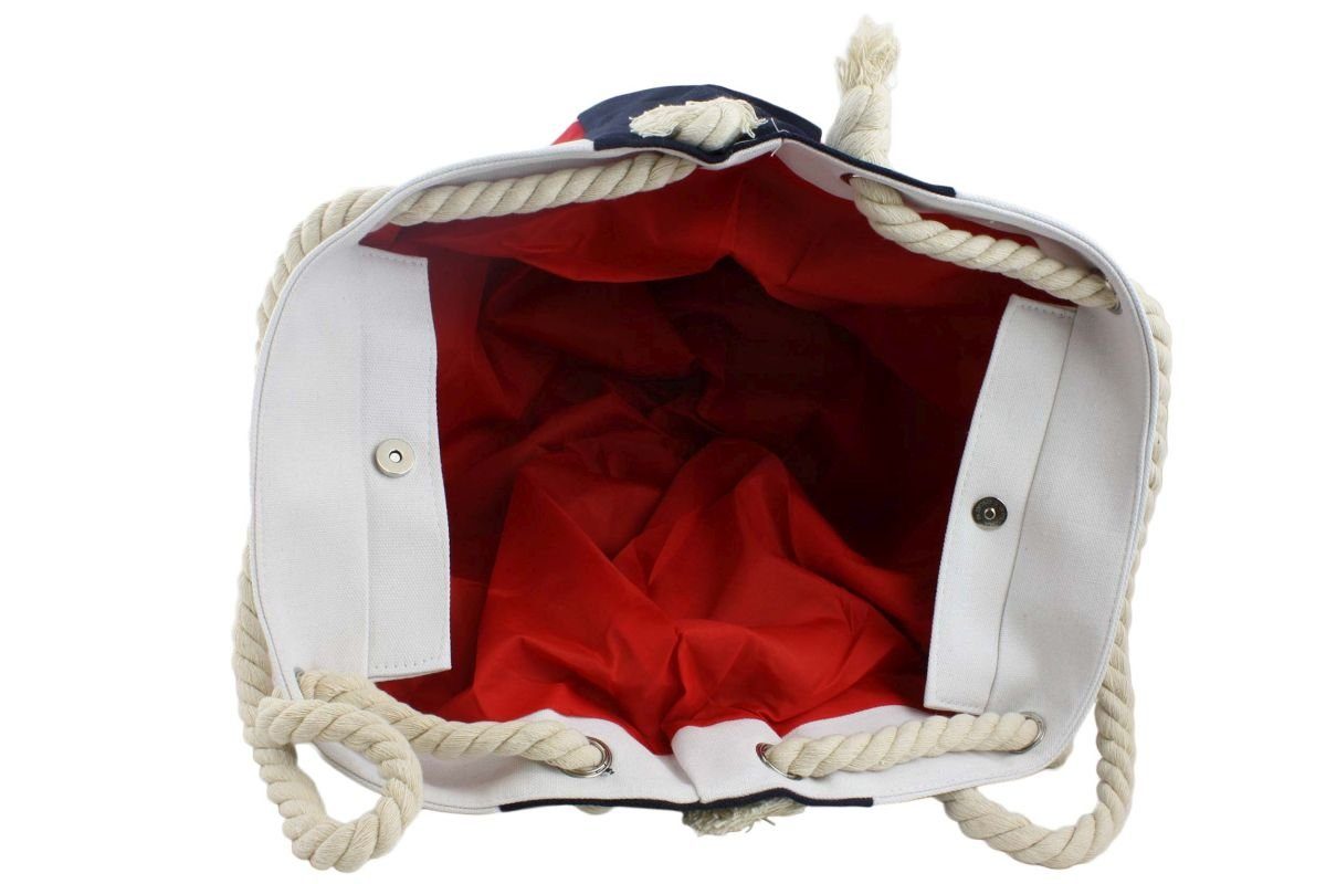 Sonia Originelli Reißverschluss kleine Ankerlogo Umhängetasche Innentasche Strandtasche Shopper mit XL Seilkordeln, Blockstreifen rot