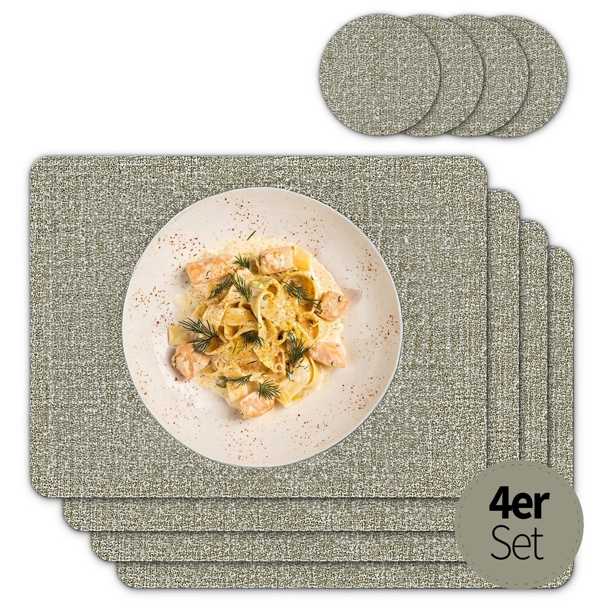 matches21 HOME & HOBBY Platzset Tischsets mit Glasuntersetzer 4er Set Greige Leinen Stoff-Optik, (4-St), Abwaschbare hitzebeständige PVC Platzsets