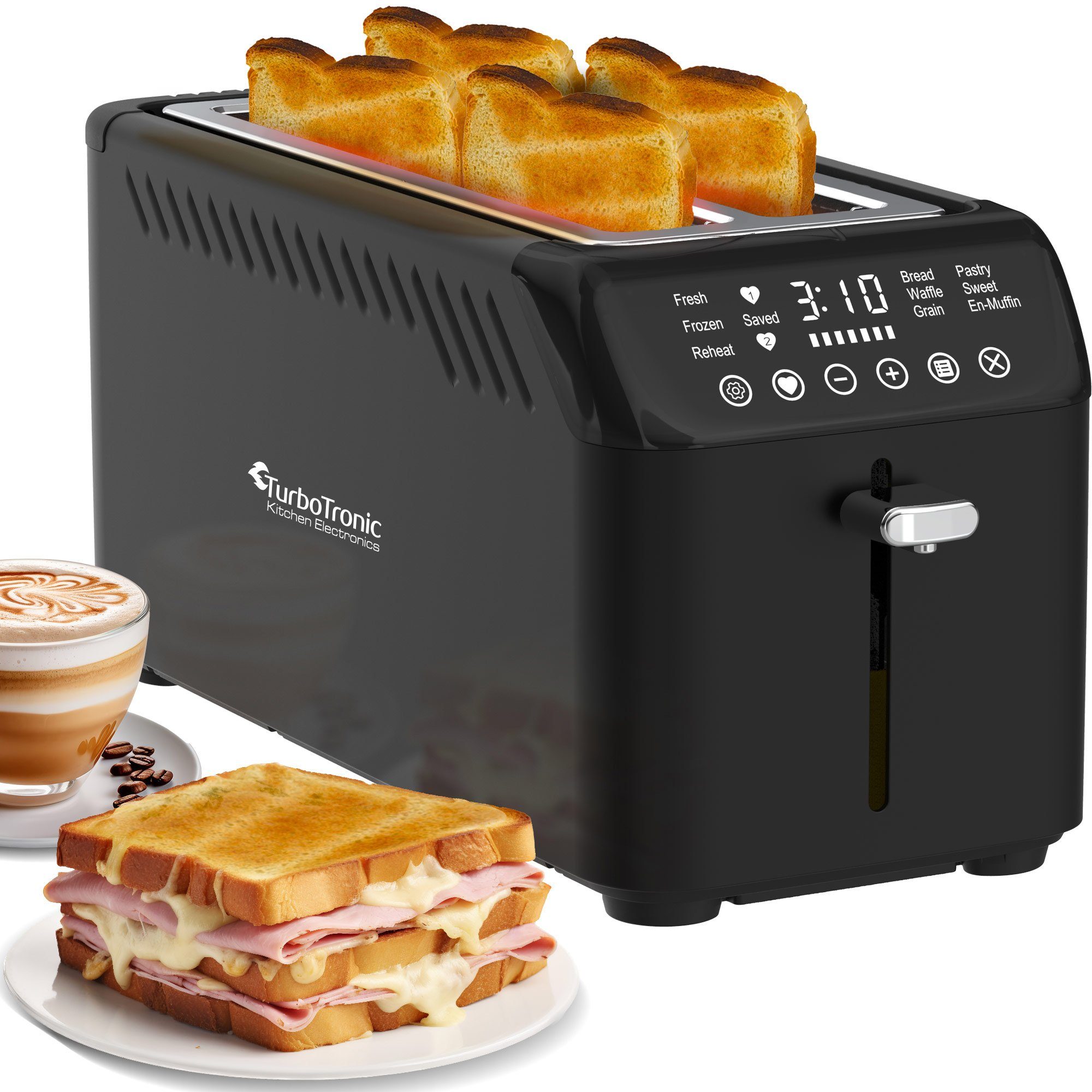 TurboTronic by Z-Line Toaster Langschlitz 4 Scheiben, Brötchenaufsatz, 1630 Watt Schwarz, 2 lange Schlitze, für 4 Scheiben, 1630 W, 7 Röststufen Memory Funktion Brötchenaufsatz Krümeltablett