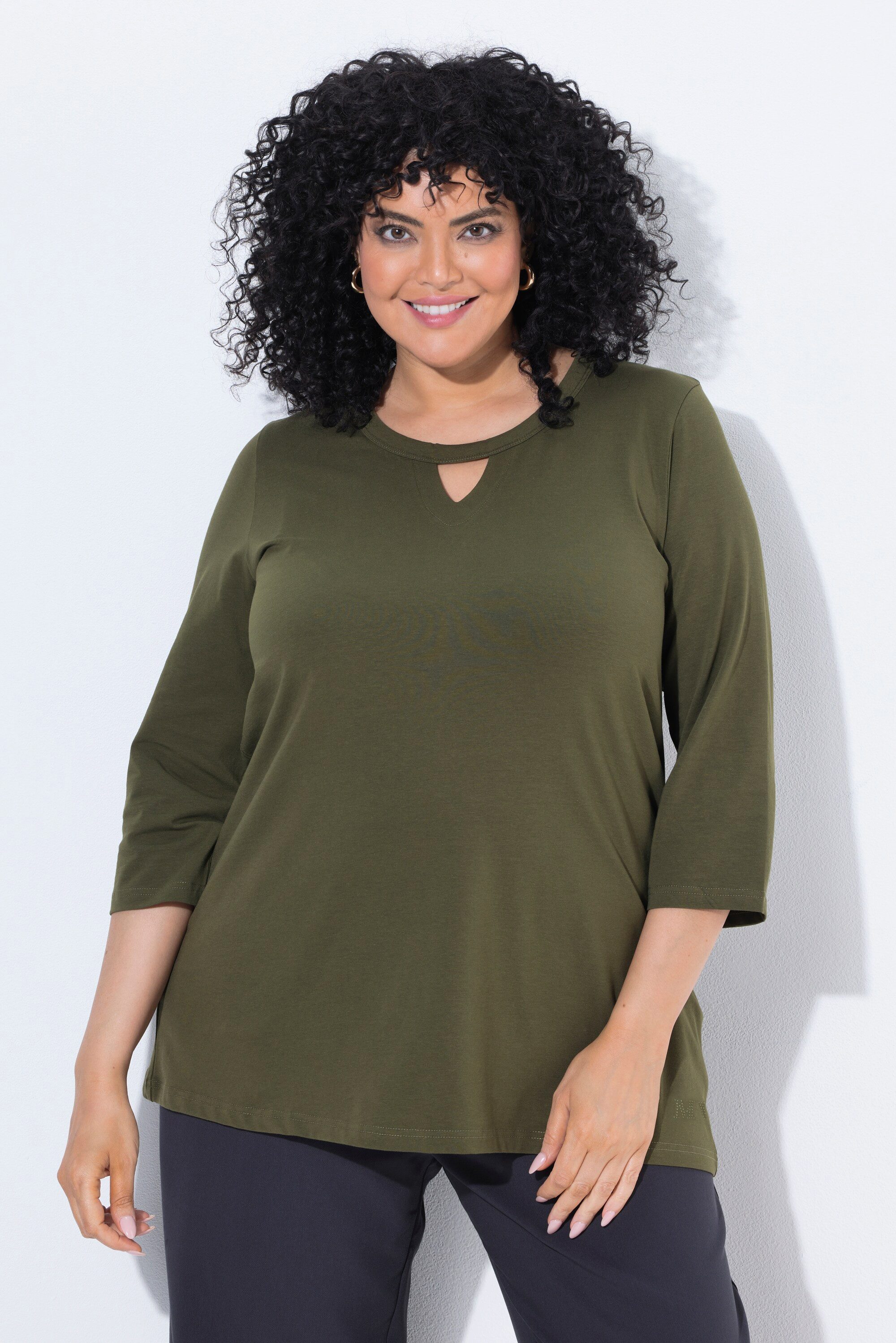 Ulla Popken T-Shirt Shirt Glitzermotiv A-Linie Keyhole Rundhals