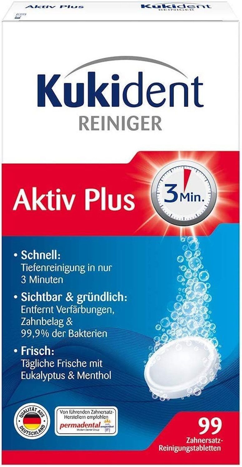 Kukident Aktiv Plus (2 x 99 St) Reinigungstabletten (Spar-Pack, [198-St. für Zahnprothese & Gebiss - Entfernt 99,9% der Bakterien)