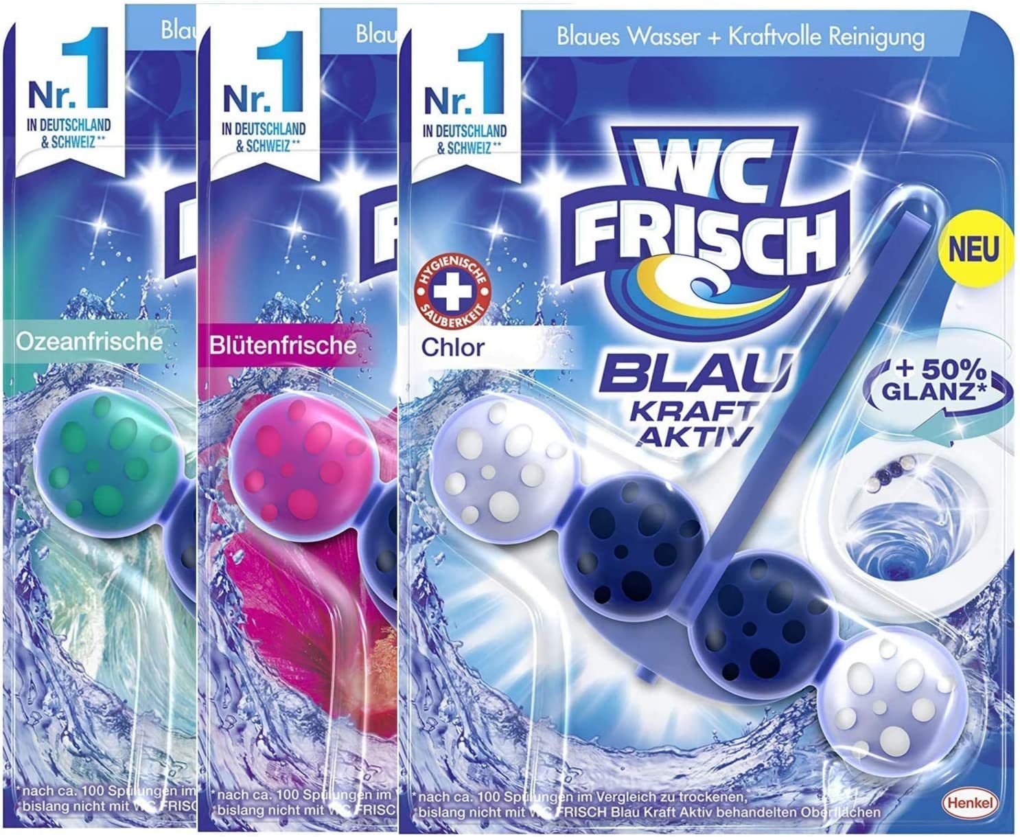 WC Frisch Kraft Aktiv Blauspüler Засіб для чищення туалету (Ausprobier-Set, [3-St. verschiedene Düfte)
