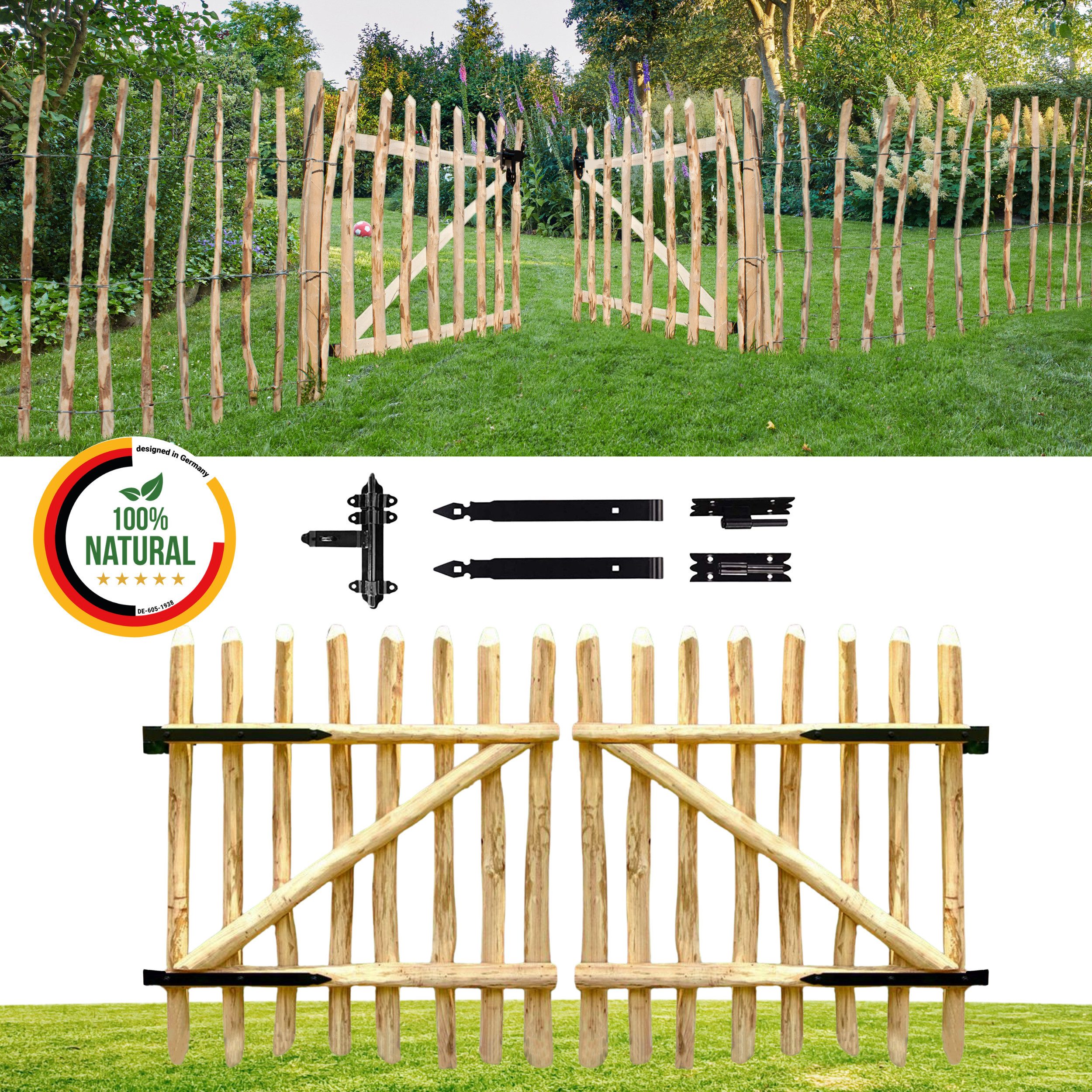 Floranica Gartentor Zauntor aus Haselnussholz Staketentor für Staketenzaun inkl Scharniere, (50 x 100 cm, 2 St. Gartentore), für natürliche Забор, ideal für Garten, Beetabgrenzung und Wildgarten.