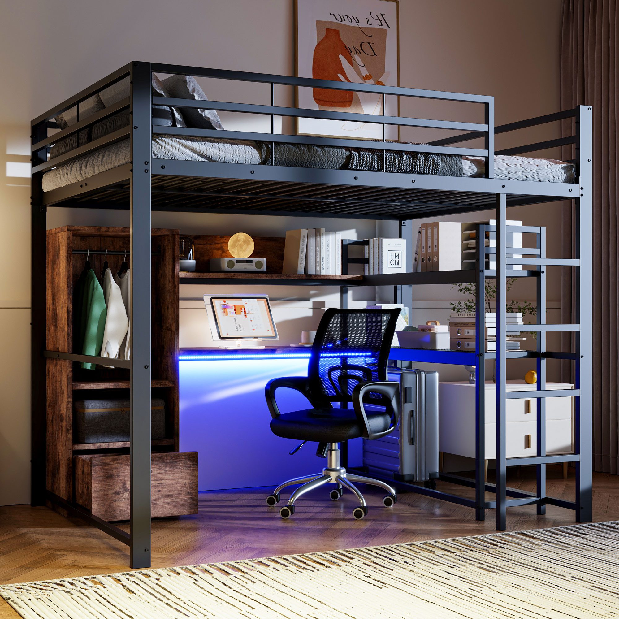 Ulife Hochbett Metallbett, mit LED-Leuchten, Schreibtisch, günstig online kaufen