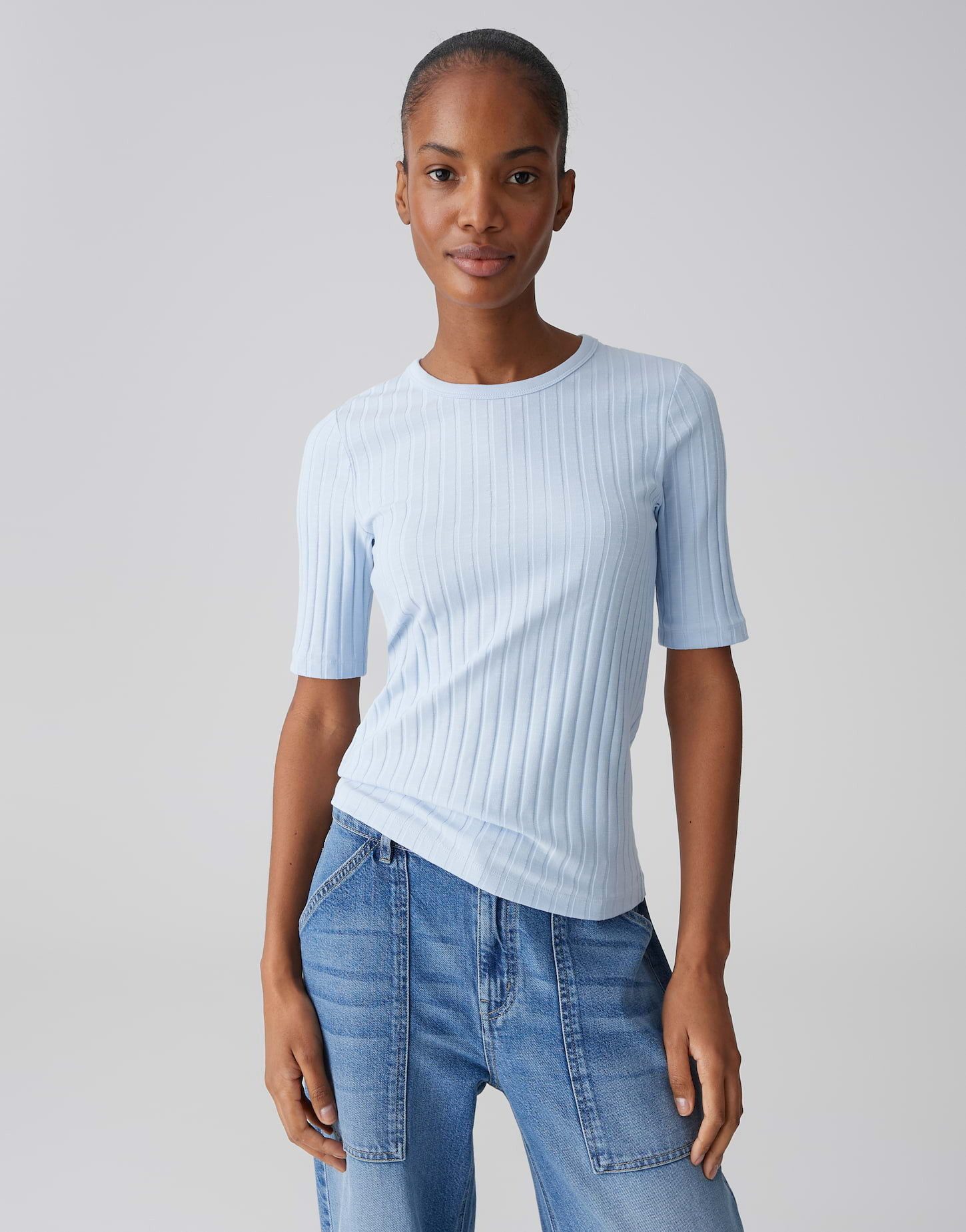 OPUS Kurzarmshirt Basic Rippshirt aus Baumwoll Mix Schmale Passform, Pull-on, elastischer Stoff