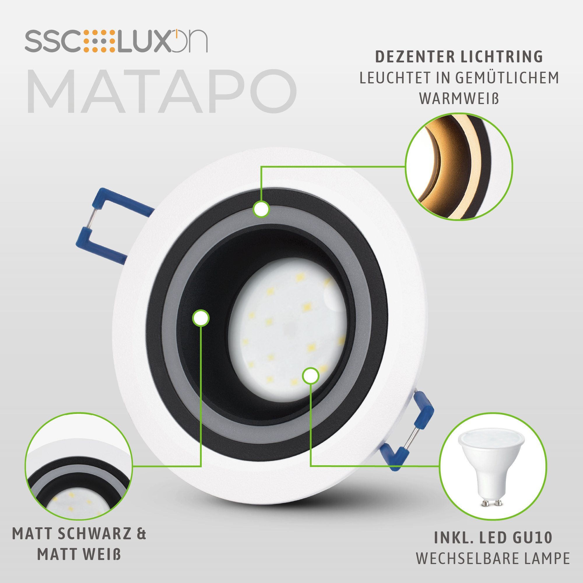 SSC-LUXon LED Matapo Einbauleuchte 5W, Warmweiß weiss Design schwarz Leuchtmittel LED GU10 Einbaustrahler