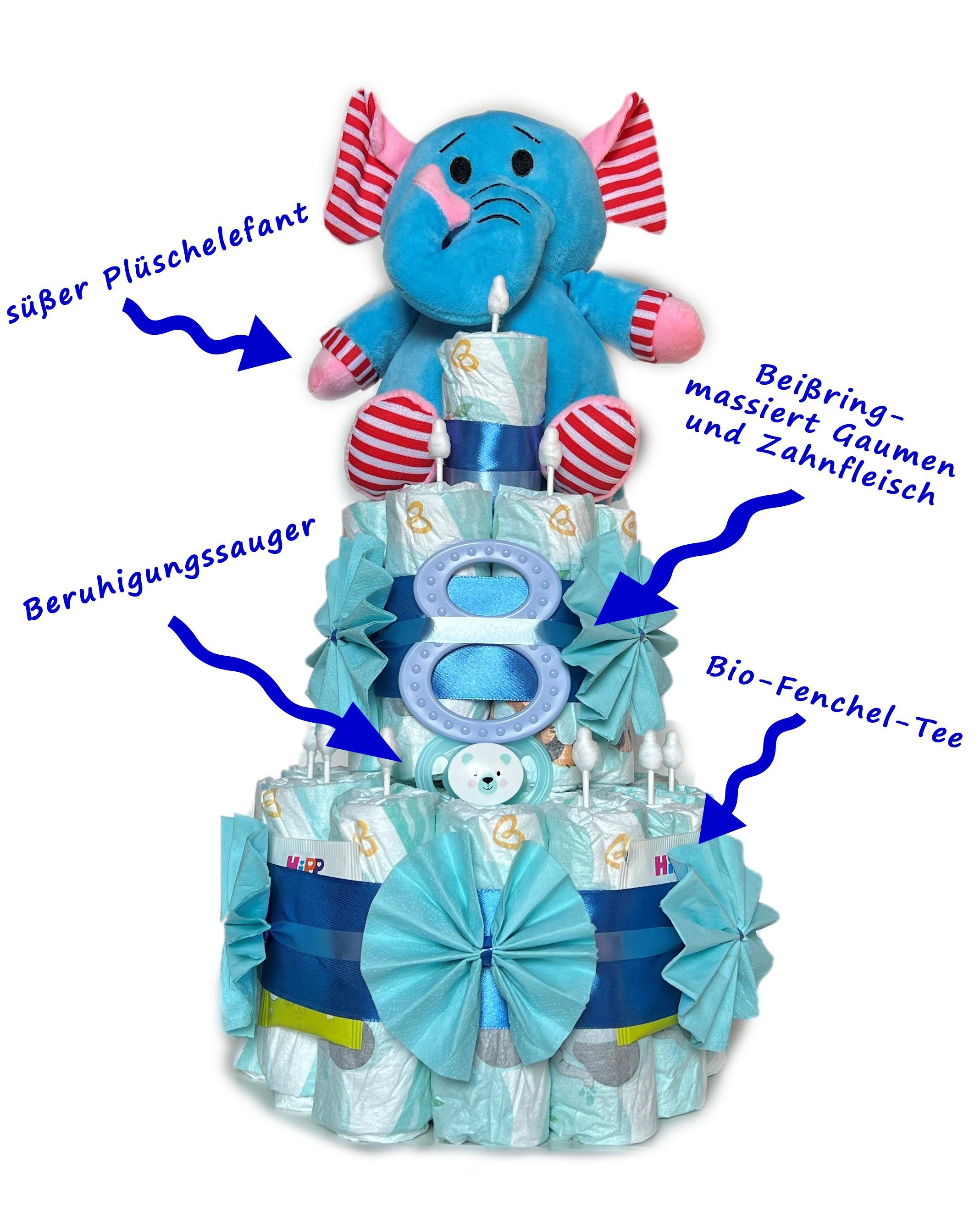 Geschenketorten-Gebhardt Windeln Windeltorte Elefant - Geschenk zur Geburt für einen Jungen, Diese Windeltorte ist ein schönes Geschenk zur Geburt für einen Jungen