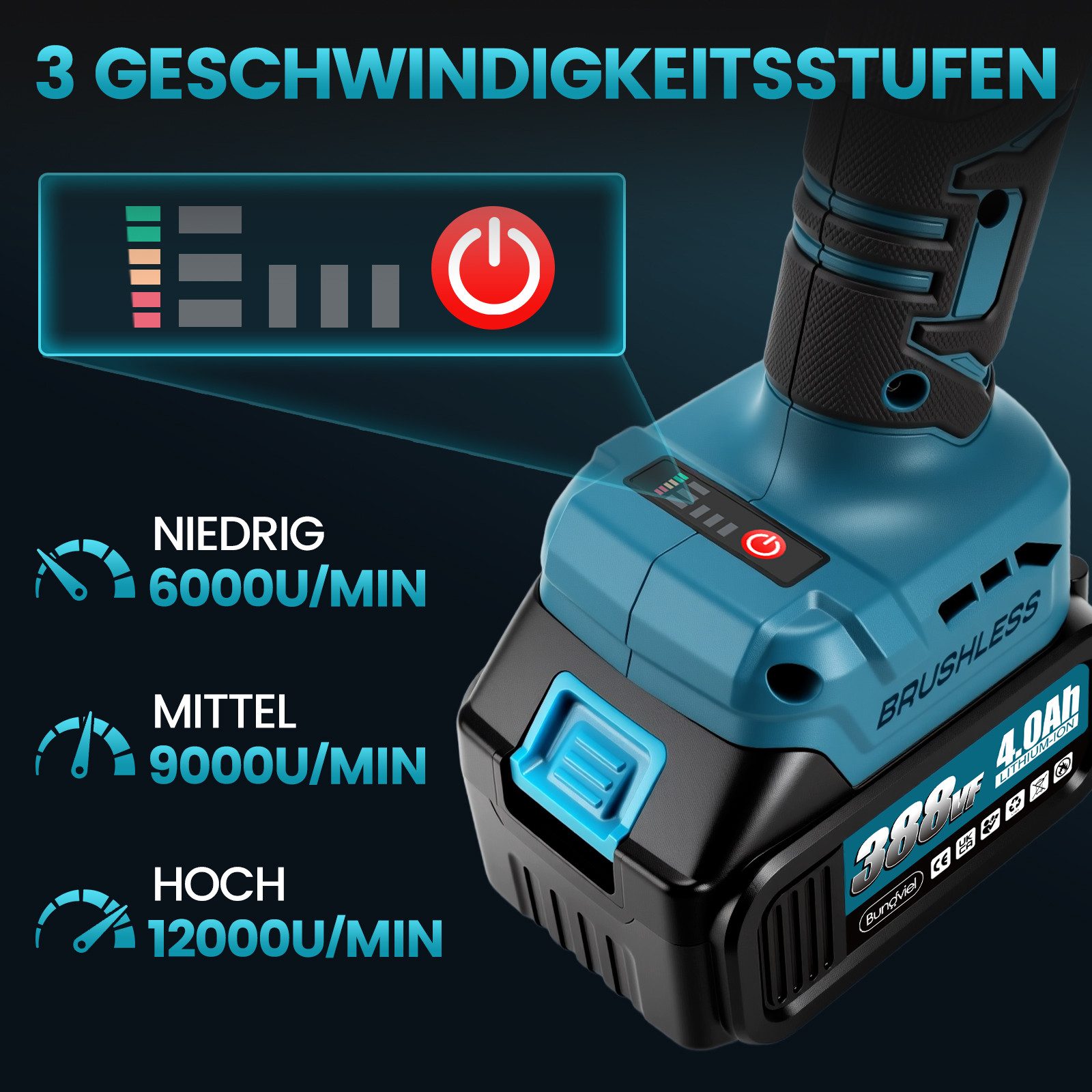 Bundviel Akku-Winkelschleifer Elektrischer Winkelschleifer 21V Bürstenloser Motor Trennschleifer, max. 12000 U/min, 12000 U/min, Ø 125mm inkl. 2×4,0Ah Akku und  – Bild 4 von 5