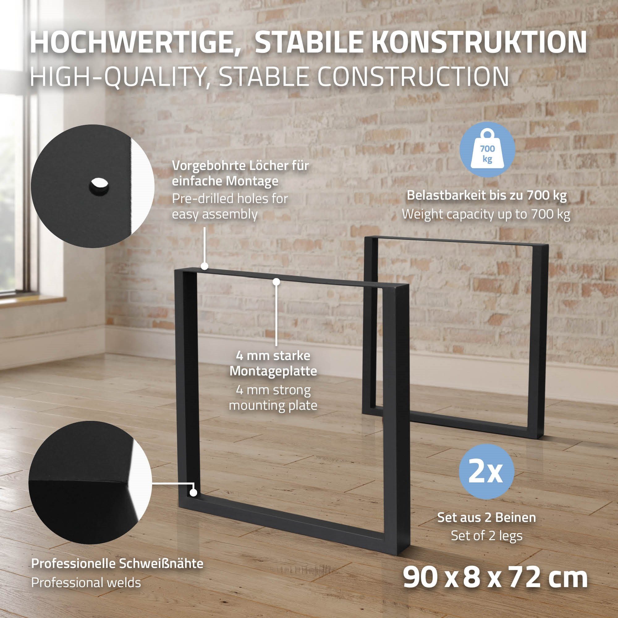 90x72cm Industriedesign Germany Möbelfüße, Tischgestell Tischkufen Tischuntergestell ECD Schwarz Tischbein Vierkantprofilen Stahl