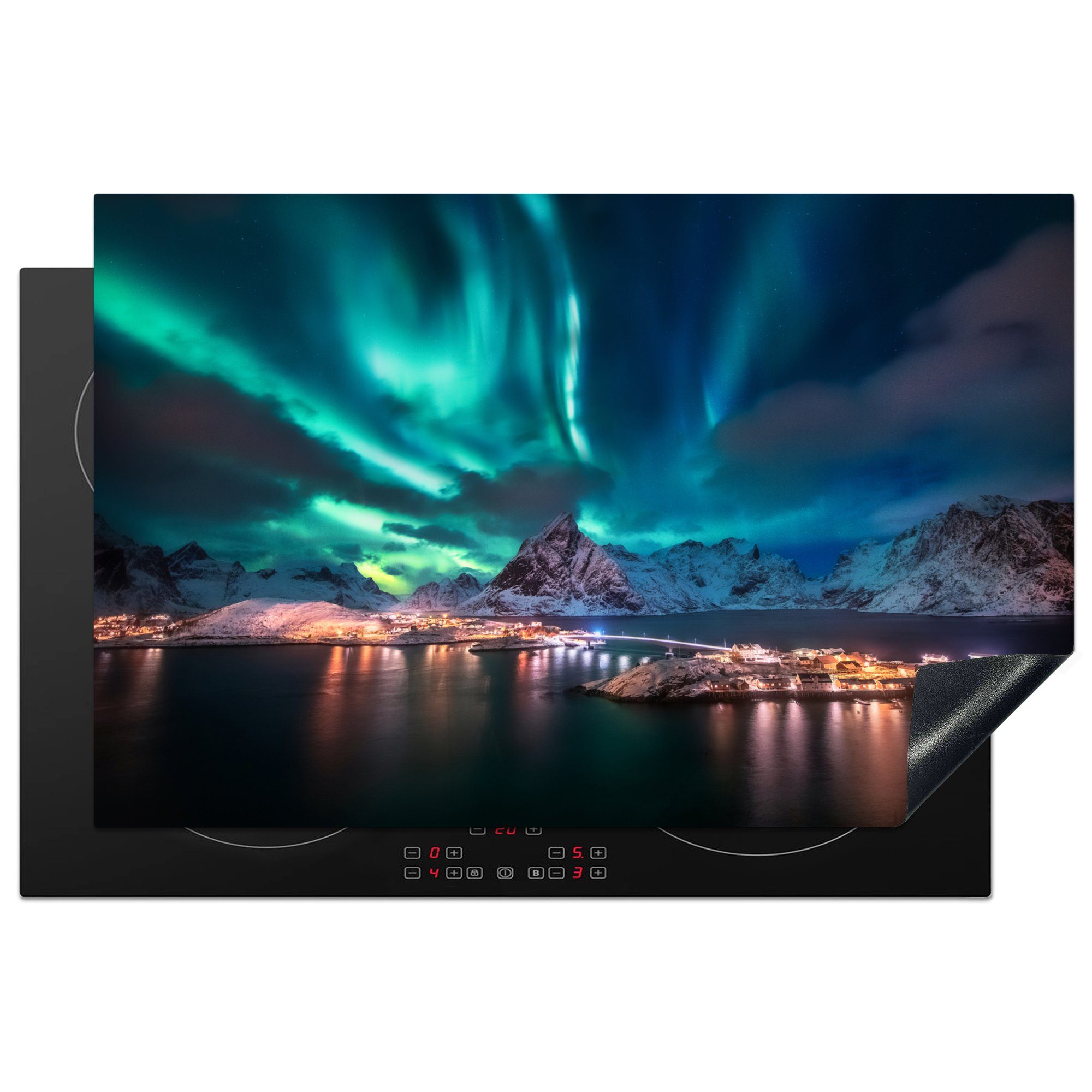 MuchoWow Herdblende-/Abdeckplatte Nordlicht auf den Lofoten, Norwegen, Vinyl, (1 tlg), 81x52 cm, Induktionskochfeld Schutz für die küche, Ceranfeldabdeckung