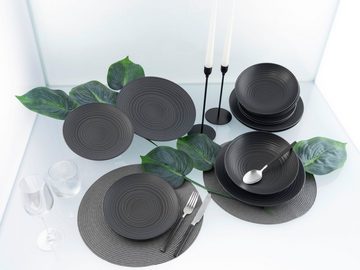 CreaTable Tafelservice Geschirr-Set Lava Stone (12-tlg), 4 Personen, Steinzeug, Service, schwarz, Reliefdekor, Made in Europe, 12 Teile für 4 Personen