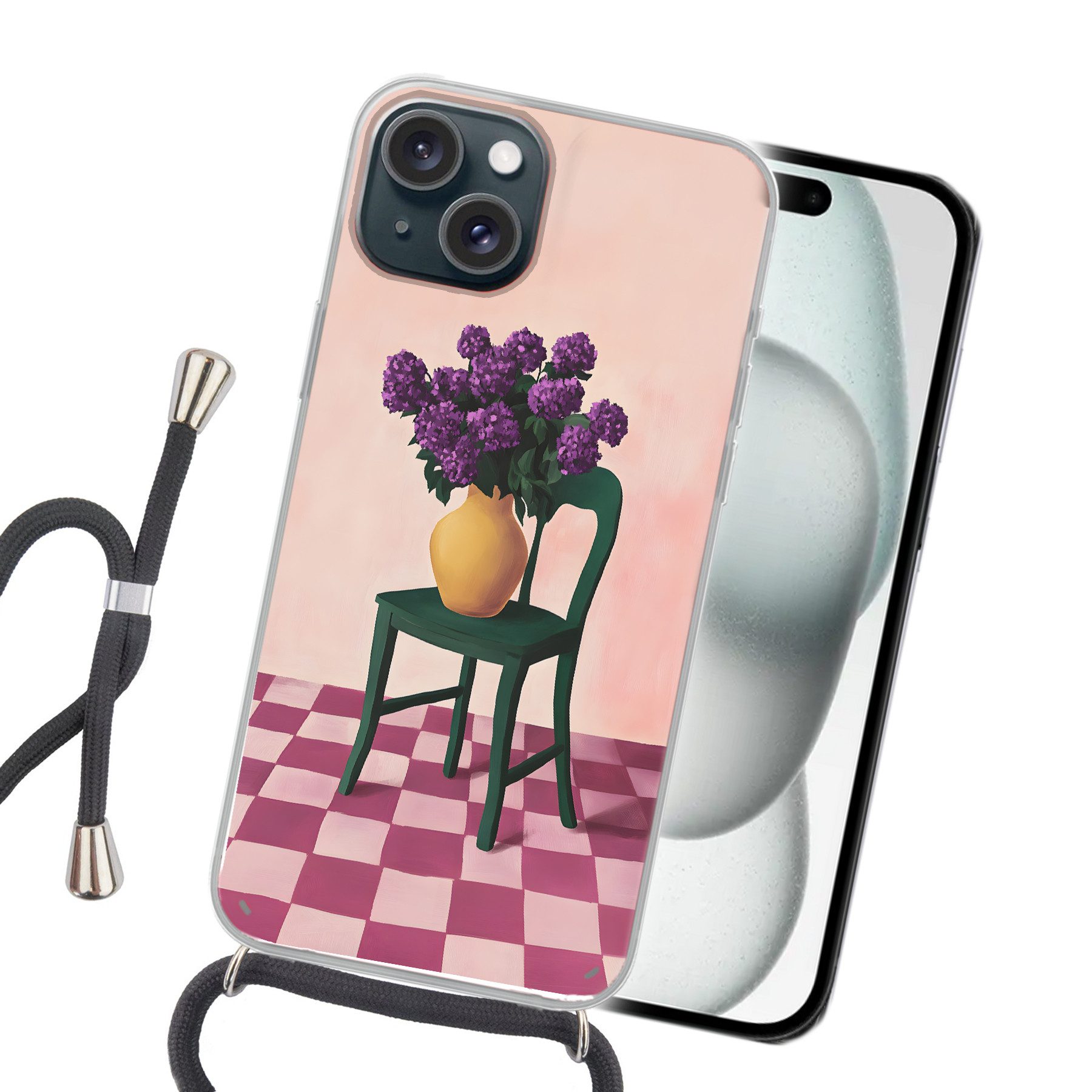 MuchoWow Handyhülle für Apple iPhone 15 Plus Stuhl - Vase - Blumen - Blockiert, Tragbare Handyhüllen mit Kette zum umhängen, Handykette Handyband
