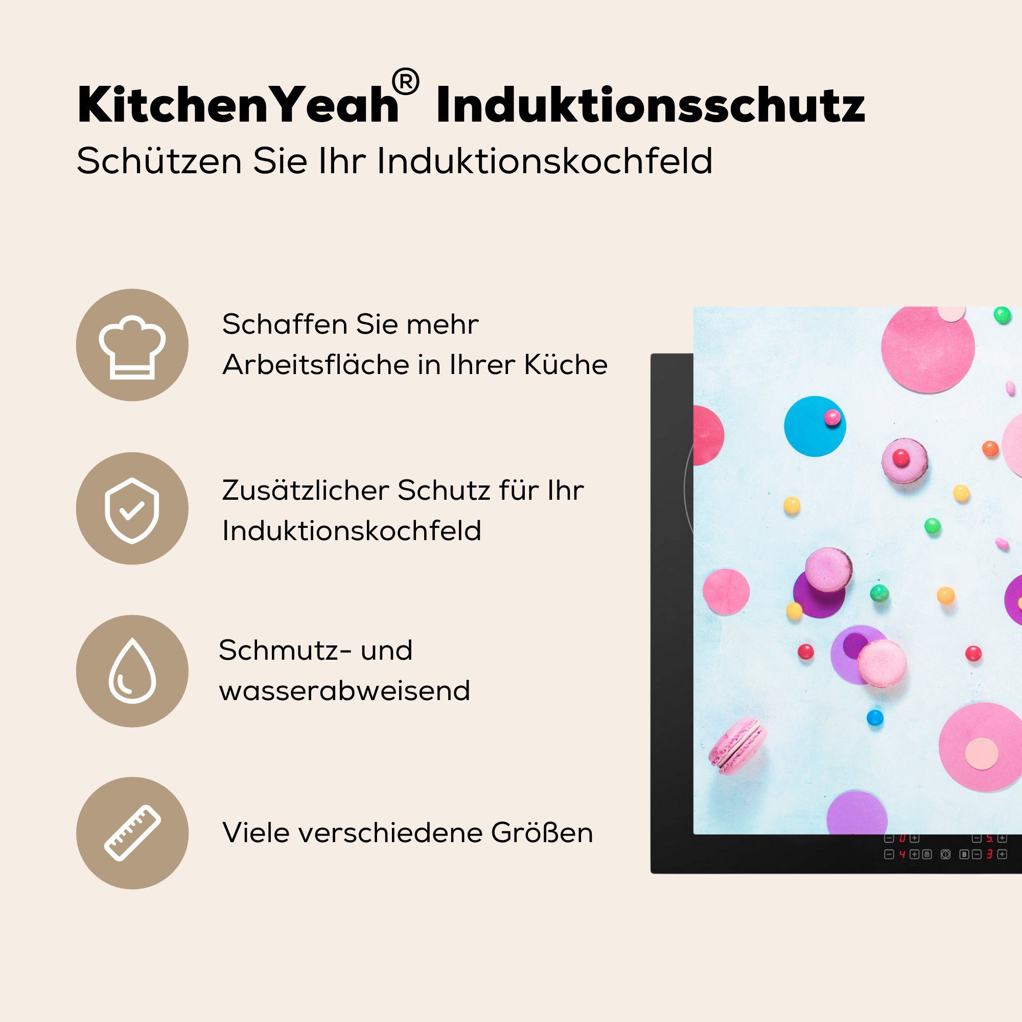 tlg), Schutz Macaron-Kekse Vinyl, Ceranfeldabdeckung weißem 81x52 für Induktionskochfeld Herdblende-/Abdeckplatte cm, (1 küche, Hintergrund, die MuchoWow auf