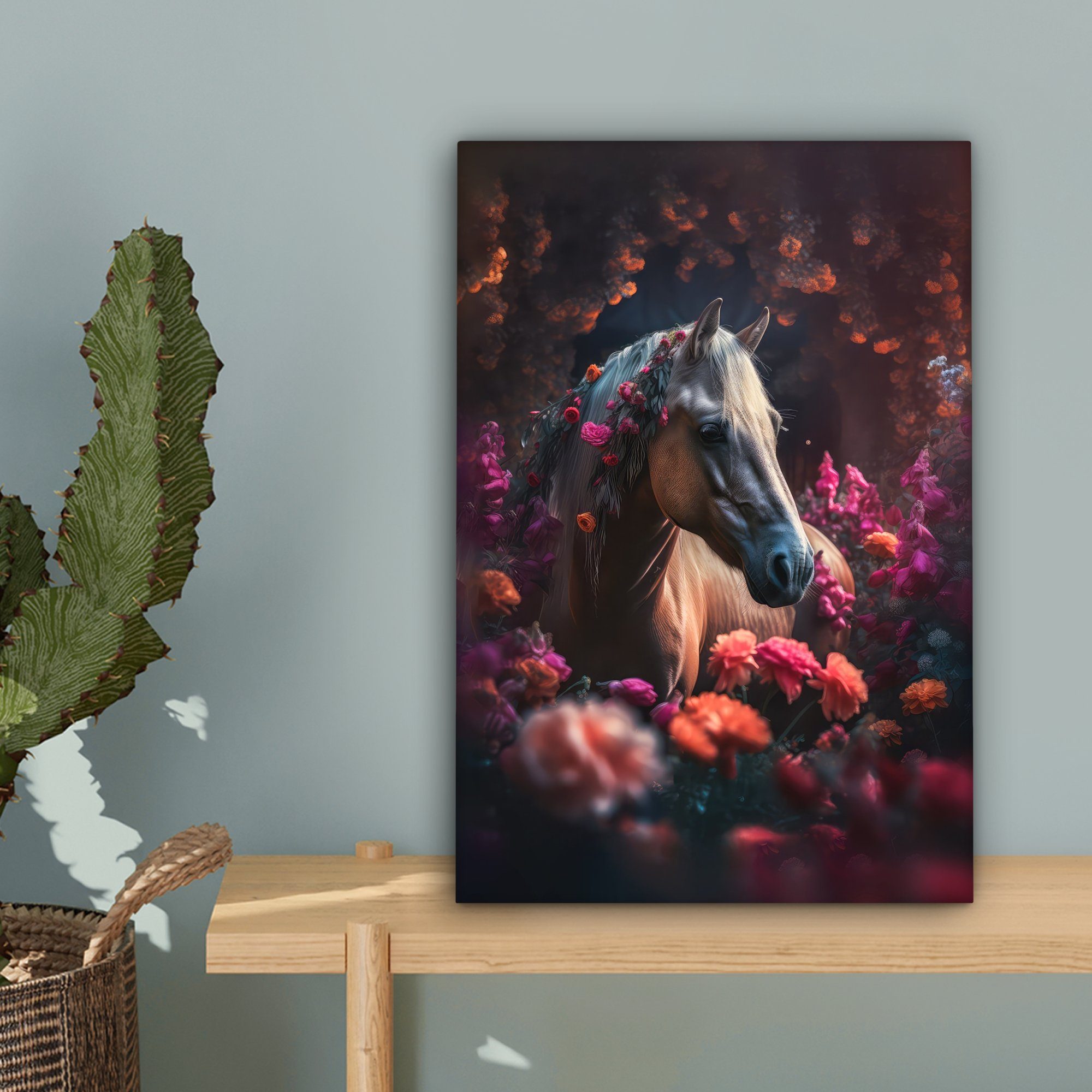 Tiere, 20x30 Leinwandbild cm Pferd Zackenaufhänger, - OneMillionCanvasses® Leinwandbild - (1 inkl. Lila fertig - Gemälde, bespannt Orange Blumen - St),