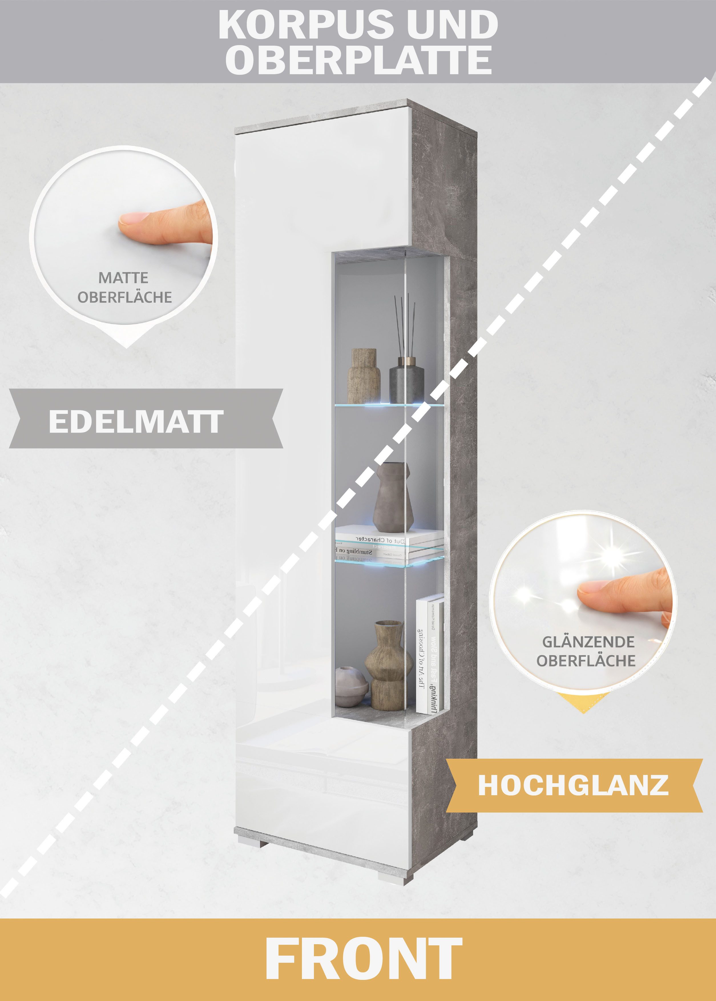OTTO home Vitrine Kenia, stehend und hängend, Türanschlag wechselbar (1-St) Vitrineschrank mit Glastüren 160 cm Höhe