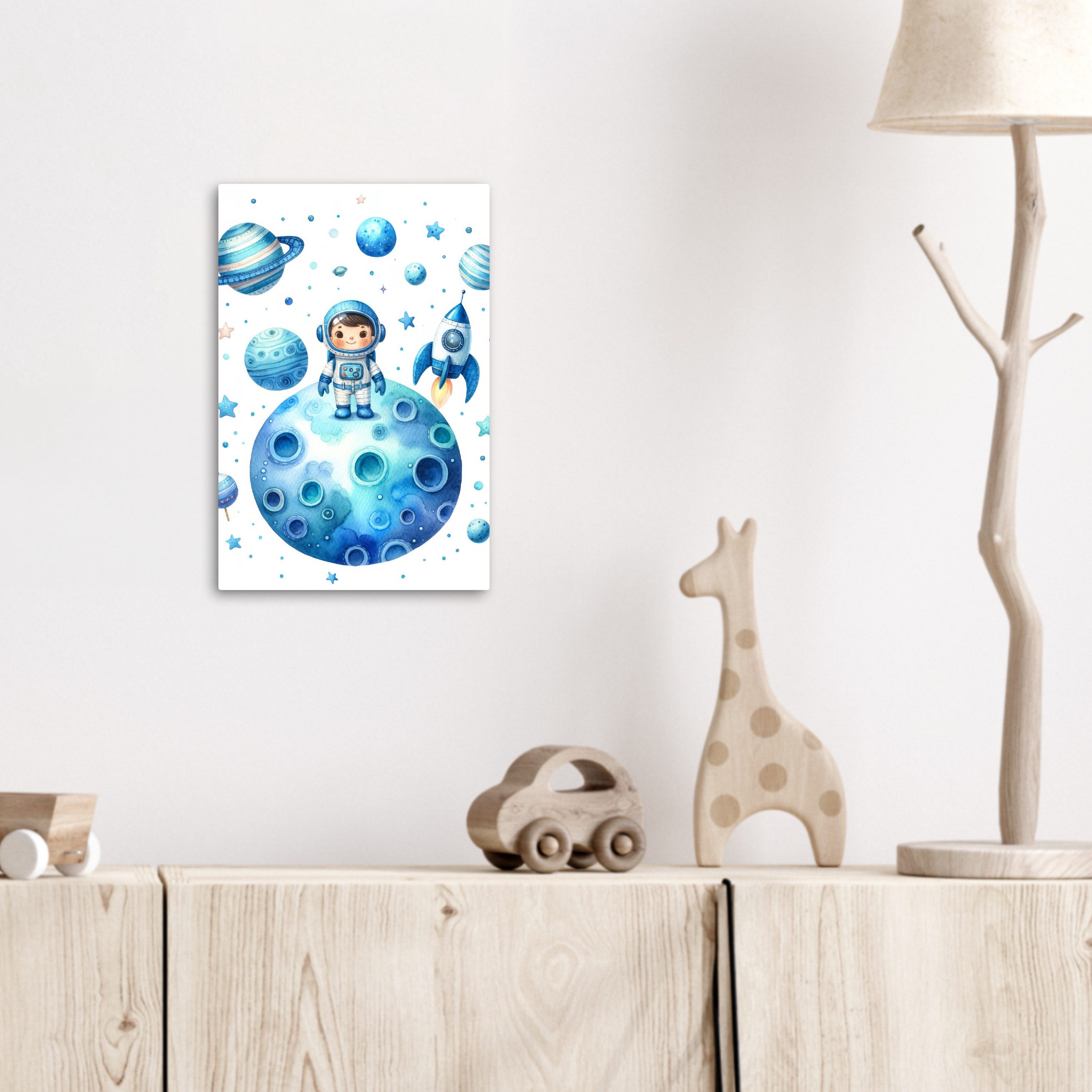 OneMillionCanvasses® Leinwandbild Weltraum - Blau - Astronaut - Sterne - Planeten, Fotodruck (1 St), Kinderzimmer Deko, Mädchen und Jungen Bilder 20x30 cm