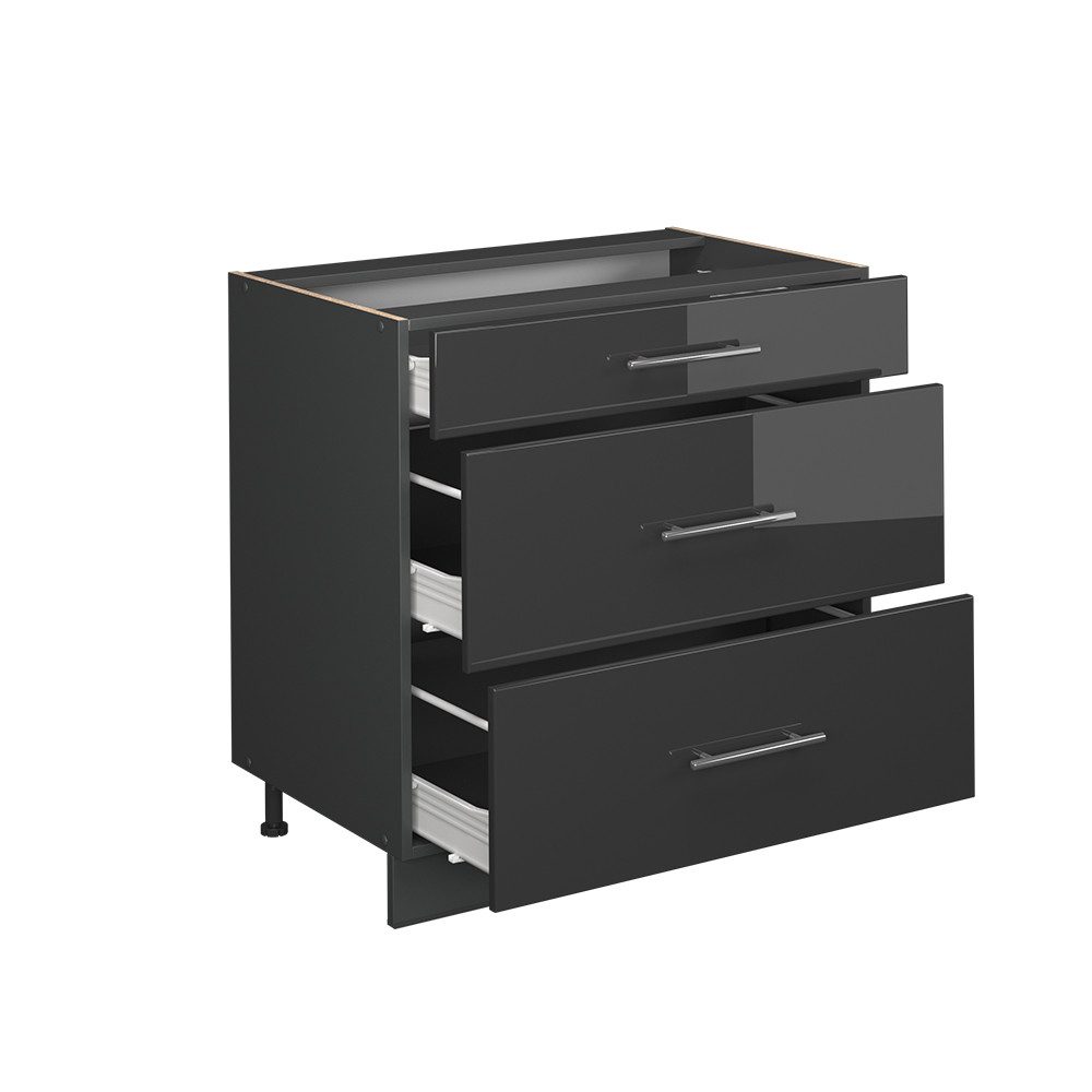 Vicco Unterschrank Fame-Line, Anthrazit Hochglanz/Anthrazit, 80 cm mit 3 Schubladen, o... (1-St) – Bild 4 von 5