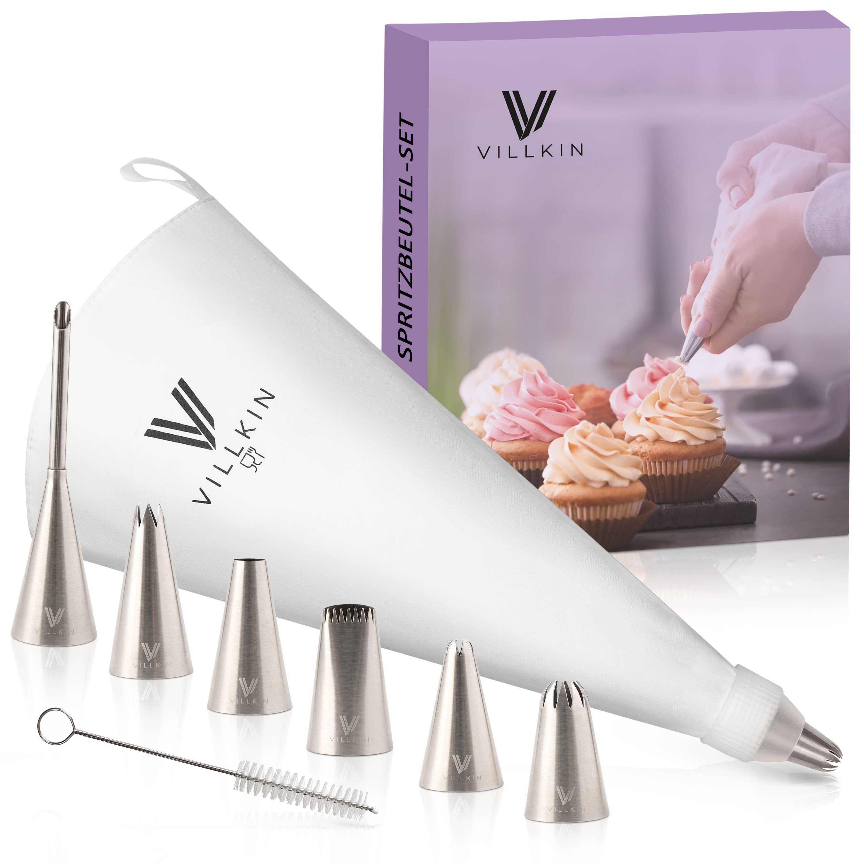 Villkin Spritzbeutel, Spritztülle zum Dekorieren/Befüllen/Formen - inkl. Putzbürste (33,5cm, 6x Spitzen, 1x Tülle, 1x Adapter, 1x Putzbürste) Spühlmaschienengeeignet, Wiederverwendbar