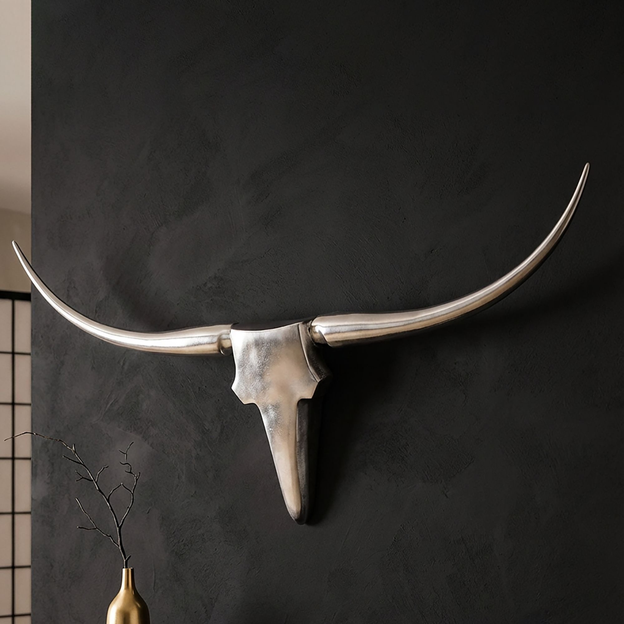 FINEBUY Wanddekoobjekt FB37874 Bull Geweih L Wanddekoration 125 cm breit Aluminium silber (Deko Hirschgeweih Aluminium 125 cm Silber modern), Wanddeko Metall Design Hirschkopf Geweih Wand groß