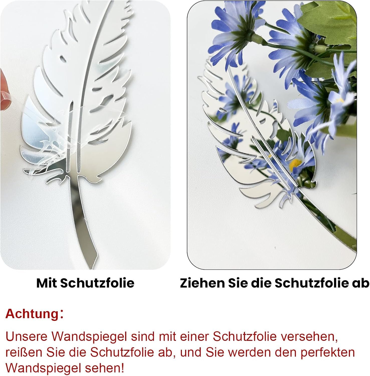 FELIXLEO Wandspiegel 15 Stück 3D Acryl Spiegel Wandaufkleber Blatt Dekor Silber