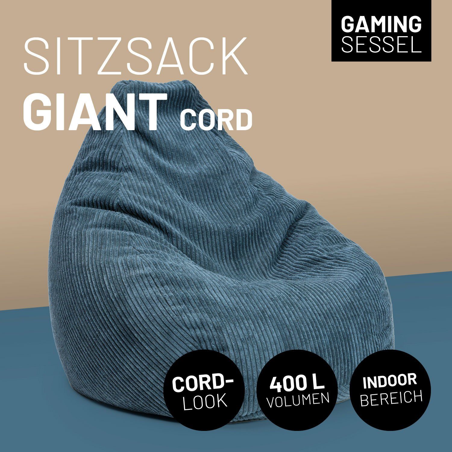 Lumaland Stabile Gaming, Sitzsack & verdeckter Cord Lehne trendig fürs GIANT Reißverschluss, Sitzsack ideal Gemütlichkeit vereint navyblau