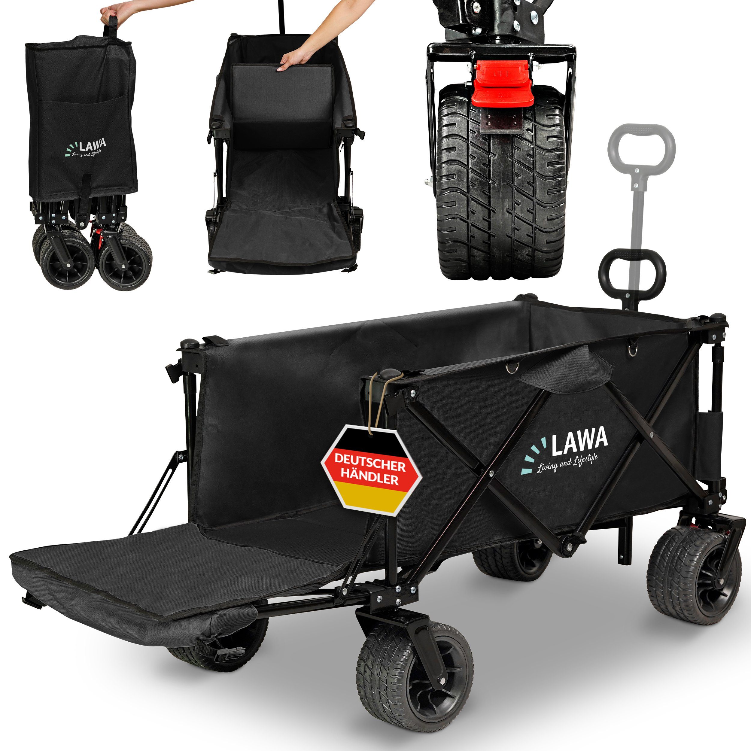 LAWA Living and Lifestyle Bollerwagen faltbar klein 100kg Traglast Handwagen mit Bremse verlängerbar (12,4kg leicht), mit Heckklappe, sehr kleines Packmaß, klappbar, ohne Dach, Schwarz