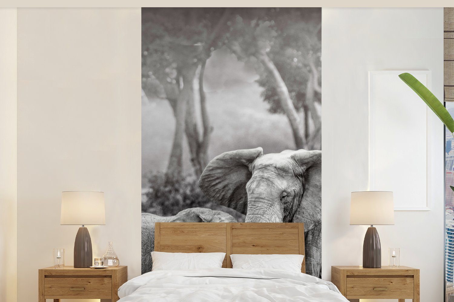 MuchoWow Fototapete Elefant - Tiere - Natur - Schwarz und weiß, Matt, bedruckt, (2 St), Vliestapete für Wohnzimmer Schlafzimmer Küche, Fototapete