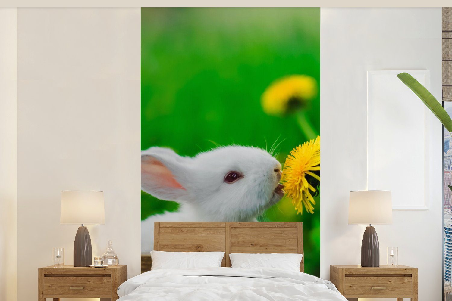 für Wohnzimmer - Kaninchen bedruckt, MuchoWow Matt, (2 Löwenzahn Fototapete Vliestapete Gras, Küche, - St), Fototapete Schlafzimmer