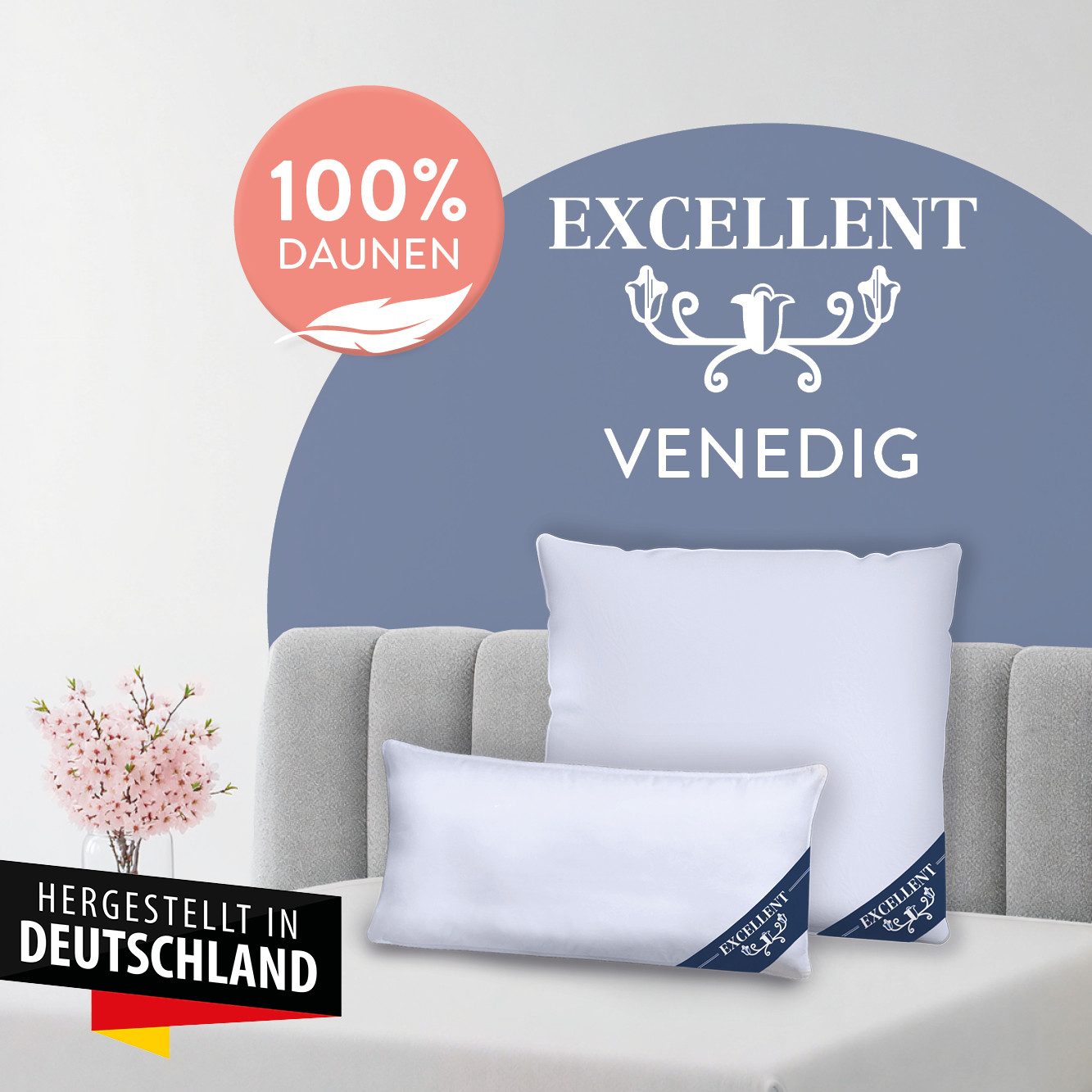 Excellent 3-Kammer-Kopfkissen Venedig, Kissenparade1 tlg. oder 2 tlg. 40x40-80x80 cm, Füllung: weiße neue Daunen, Klasse I, 100% Daunen (Außen), weiße neue Federn, Klasse I, 100% Federn (Innen), Bezug: feiner Daunen-Batist, 100% Baumwolle, Seitenschläfer, Rückenschläfer, hergestellt in Deutschland