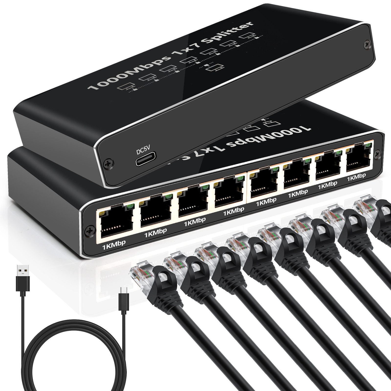 Bundviel LAN Splitter 1 auf 7 Gigabit Ethernet Switch Verteiler Netzwerk-Switch Netzwerk-Switch (RJ45 Anschluss, 1000Mbps Gigabit)