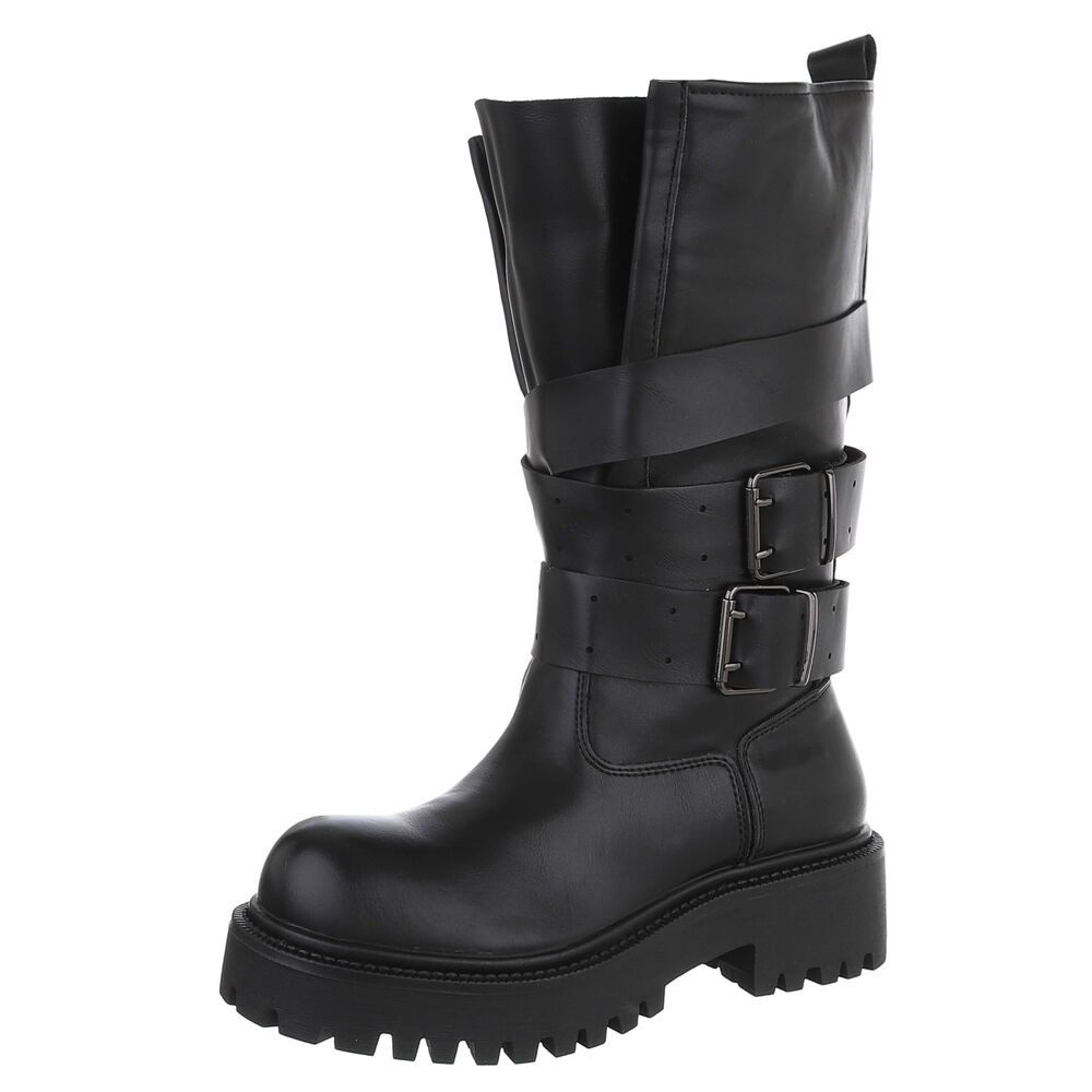 Ital-Design Damen Stiefel mit Doppelschnallen und Profilsohle Plateaustiefel (92299670) Blockabsatz Stiefel in Schwarz