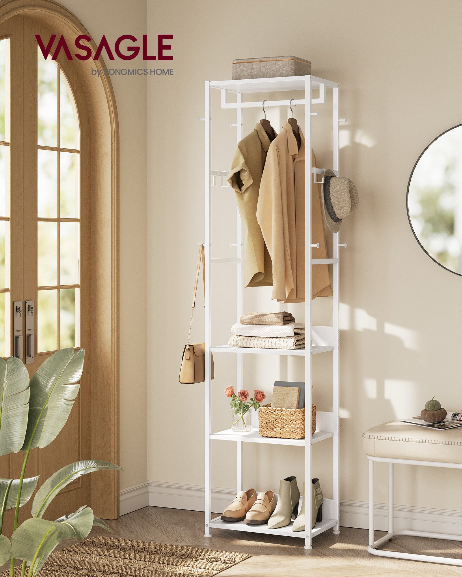VASAGLE Garderobenständer Kleiderständer, Garderobe, für Kleidung, Taschen, Hüte, 30,5x47x180 cm, mit Kleiderstange und Haken, mit Ablagen, Stahlrahmen, wolkenweiß
