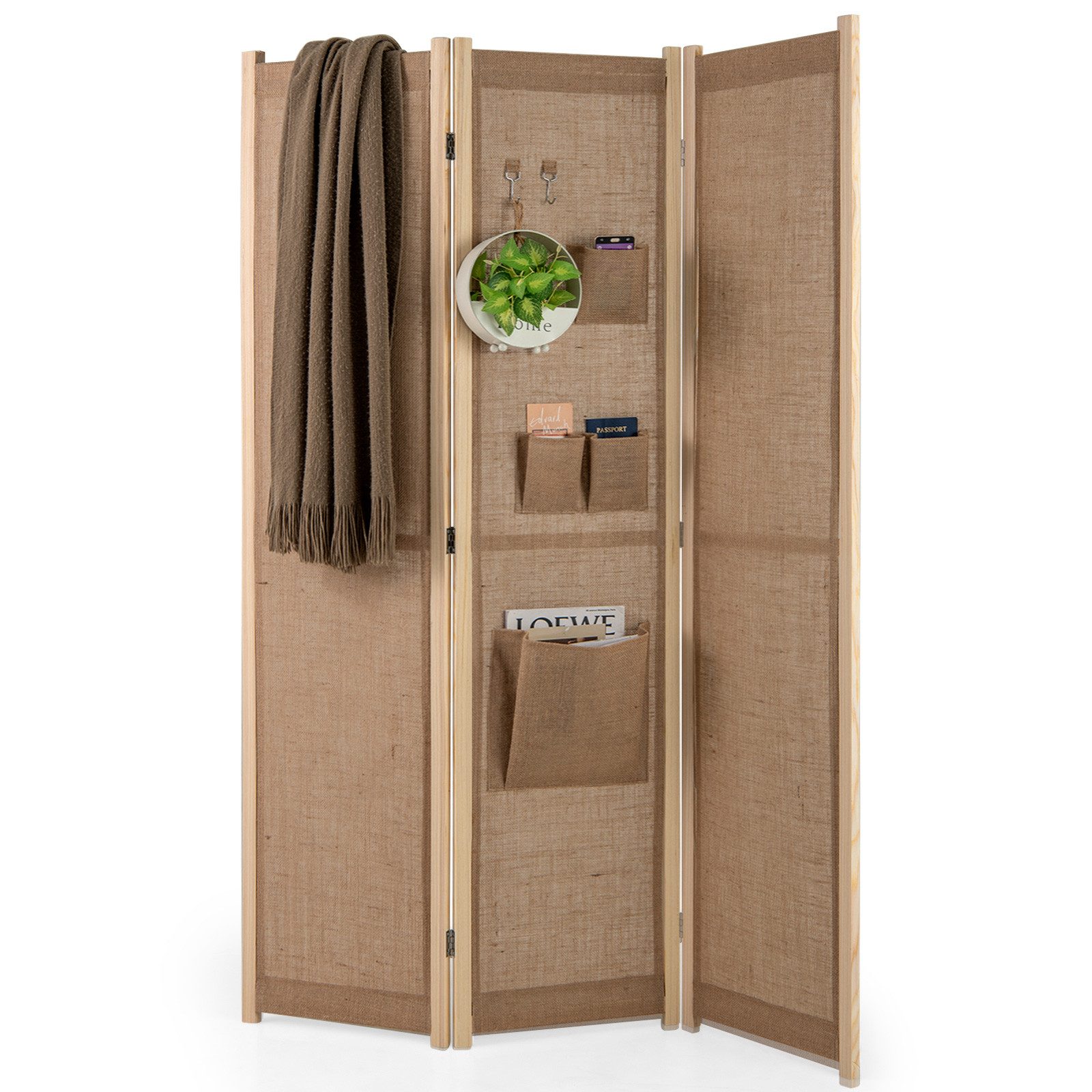 COSTWAY Paravent, 170x121cm, 3tlg. Raumteiler mit Haken, klappbar