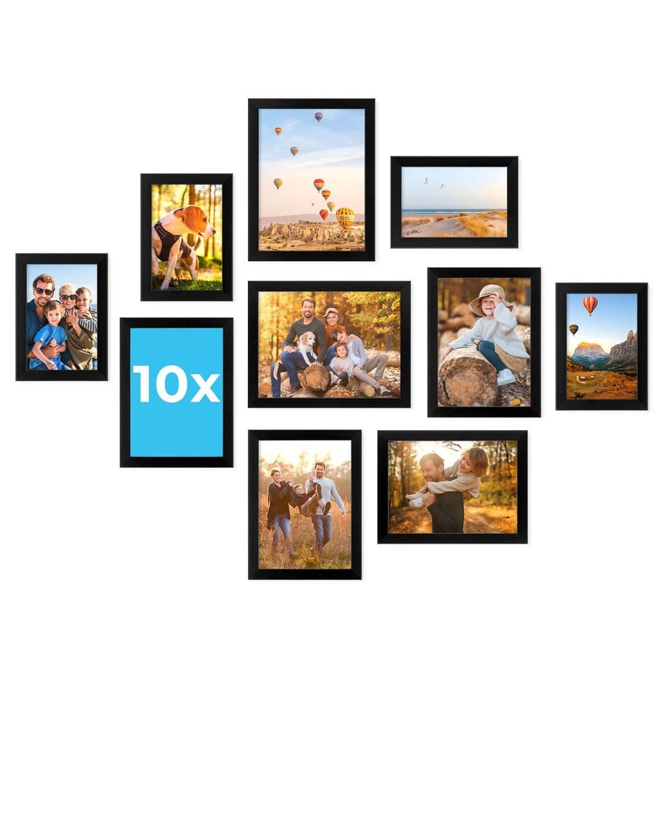 PHOTOLINI Bilderrahmen Sets in verschiedenen Formaten, MDF Holz, Acrylglas & Zubehör, für 10 Bilder (10er Set), Posterrahmen 10er Set No.3 zum Aufhängen oder Aufstellen