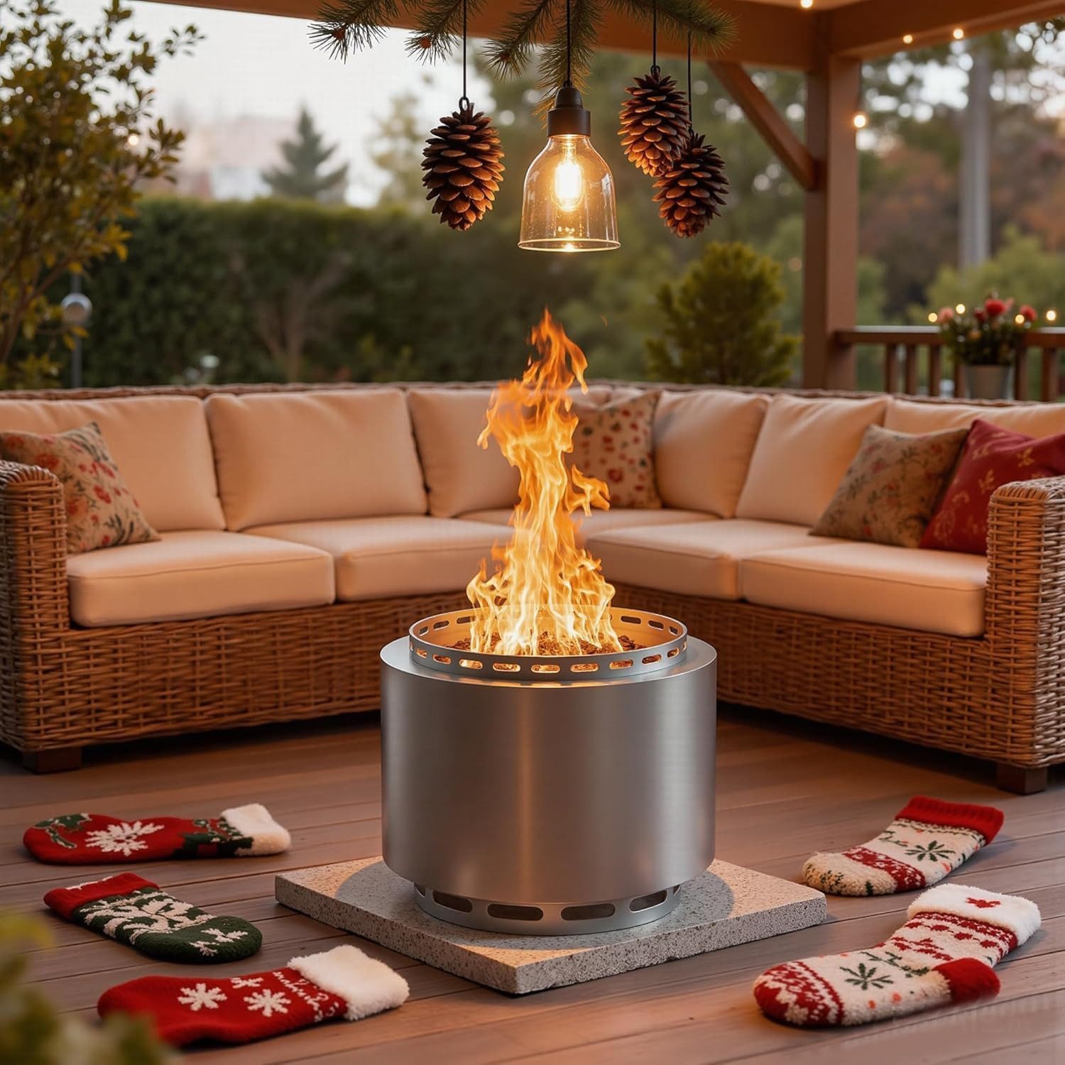 GOTLAND Feuerschale 48 cm Rauchfreie Feuerschale für Holz im Freien, (1-St., für Garten, Camping, Terrasse & Hinterhof), Komplett-Set mit Abdeckhaube & Schürhaken, aus robustem Edelstahl