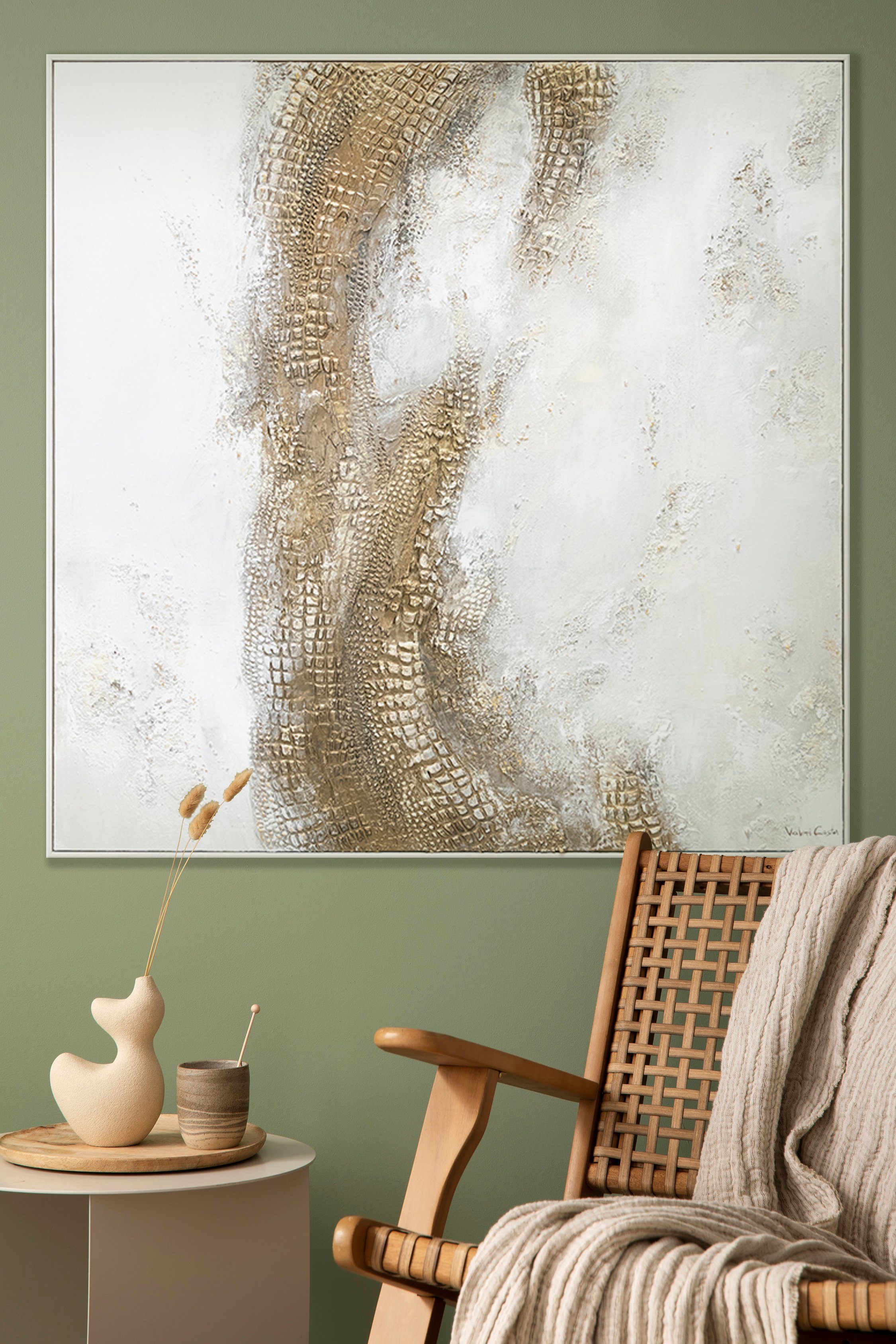 Leinwand in YS-Art Exklusiv, Abstrakte Rahmen Bilder, mit Struktur Bild Gemälde Handgemalt Gold