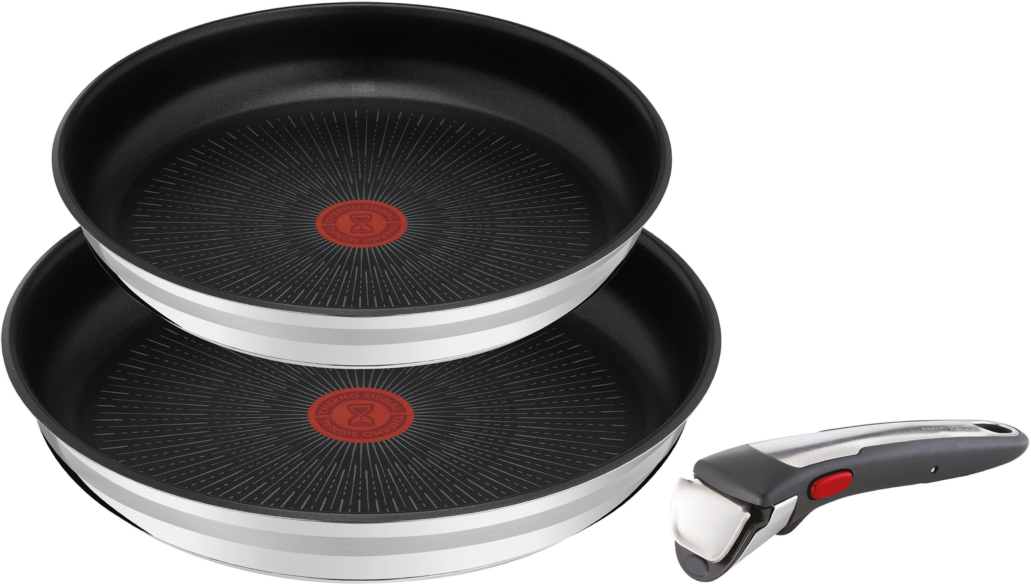 Tefal Pfannen-Set Jamie Oliver Ingenio G6, Edelstahl (Set, 3-tlg., je 1 Bratpfanne 24 und 28 cm, 1 Griff), backofengeeignet bis 250Â°C ohne Griff,Schüttrand, Induktion