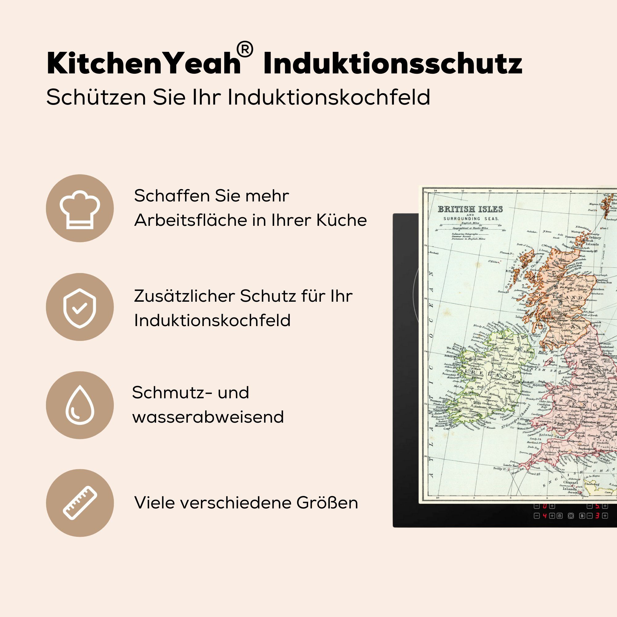 Eine Karte der Nordsee Mitte, cm, alten Ceranfeldabdeckung (1 der Herdblende-/Abdeckplatte Mobile tlg), MuchoWow Arbeitsfläche nutzbar, Illustration in 70x52 einer Vinyl, mit