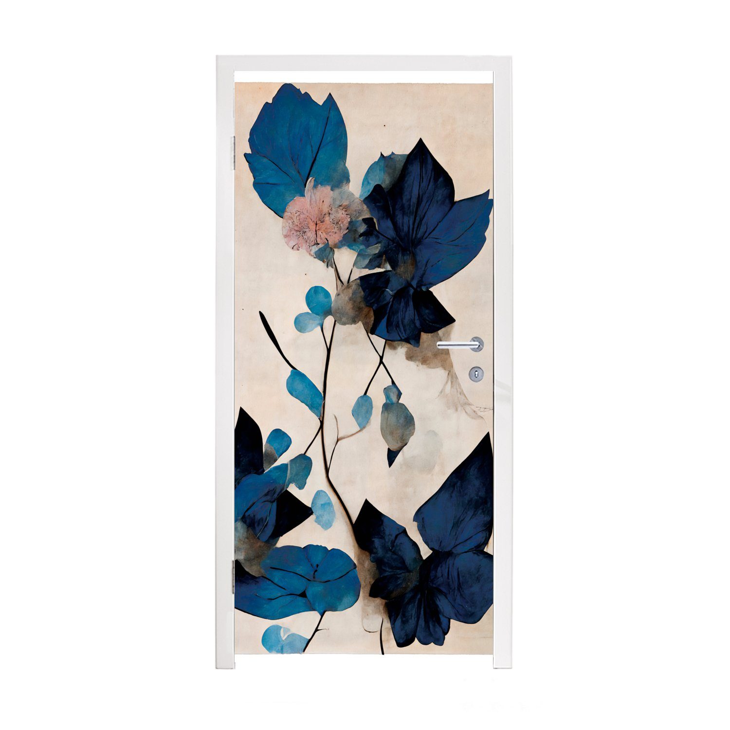 Pflanzen Blau 75x205 - (1 Tür, bedruckt, Türtapete - Türaufkleber, Blätter für St), Fototapete Blumen, MuchoWow Matt, cm -